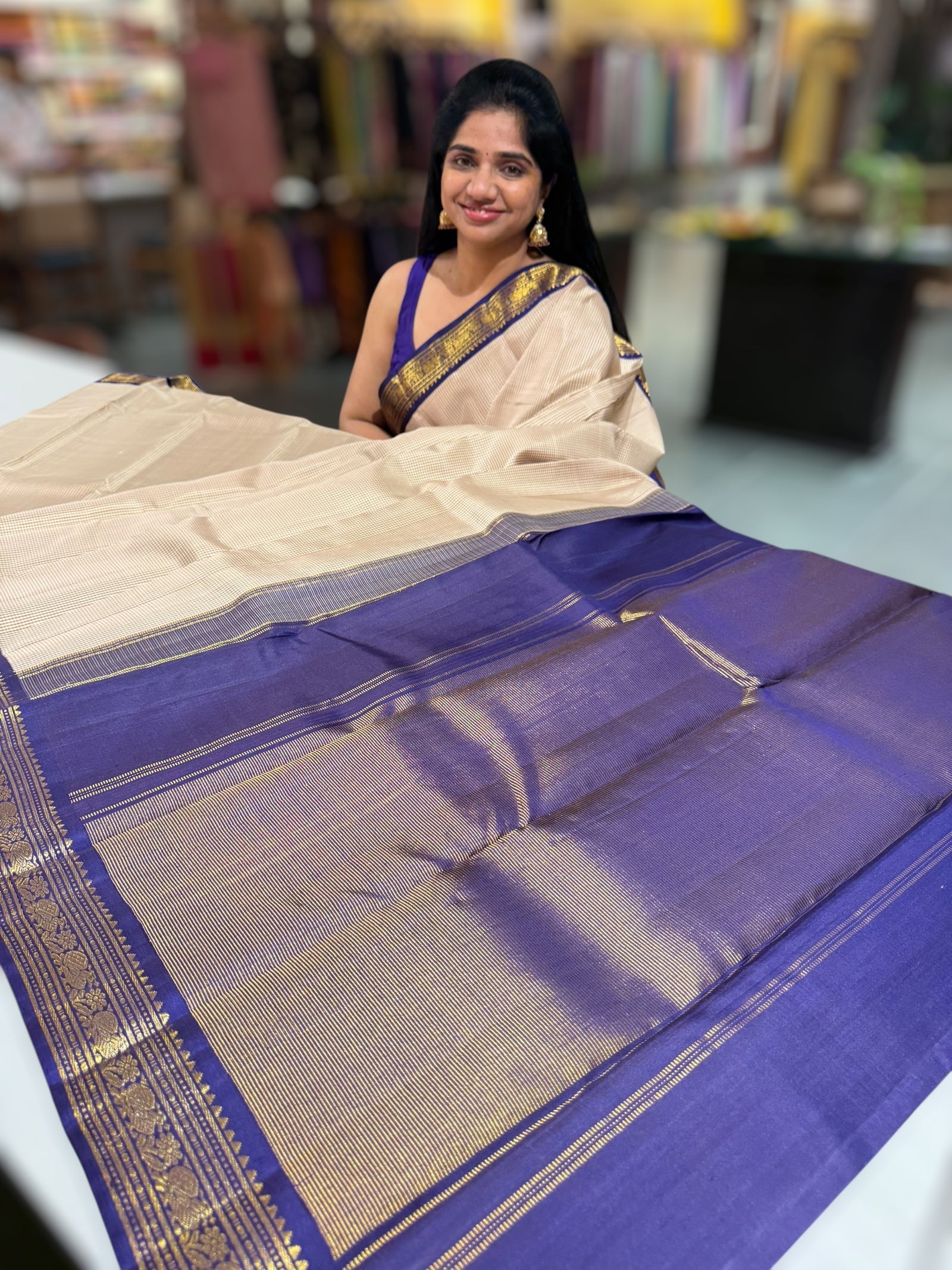 Ivory checks kanjeevaram saree