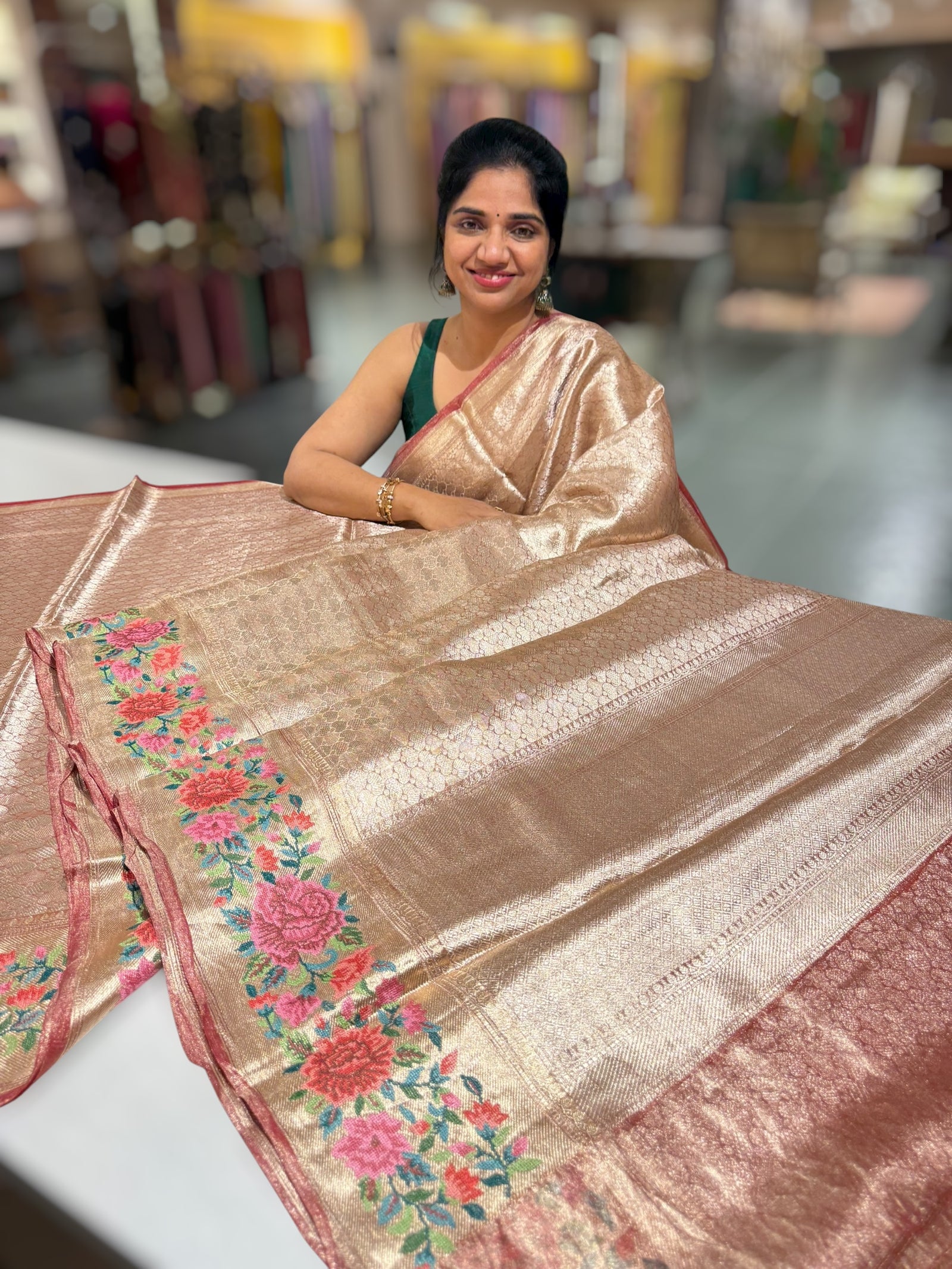 Meroon Red Base Banarasi Tissue Brocade Saree with Petite Point Embroidered Border