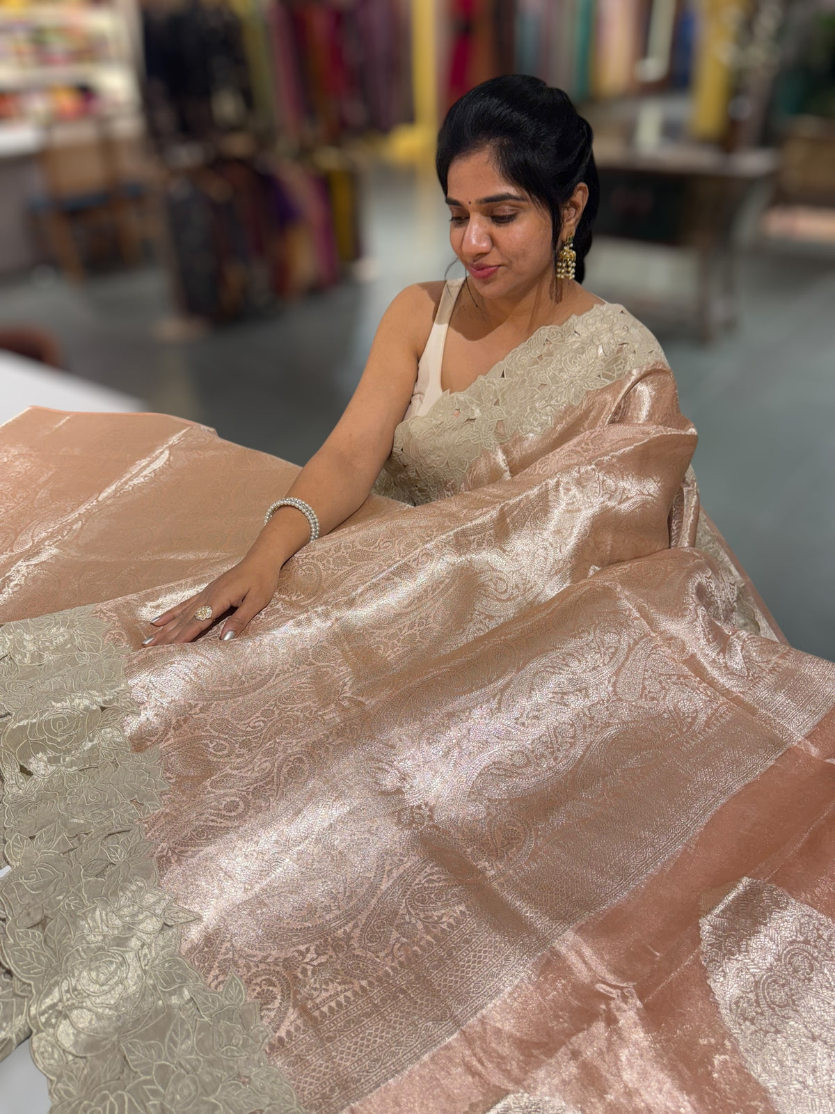 Peach Tissue Brocade allover weaving Saree with Tissue Cutwork Rose Border