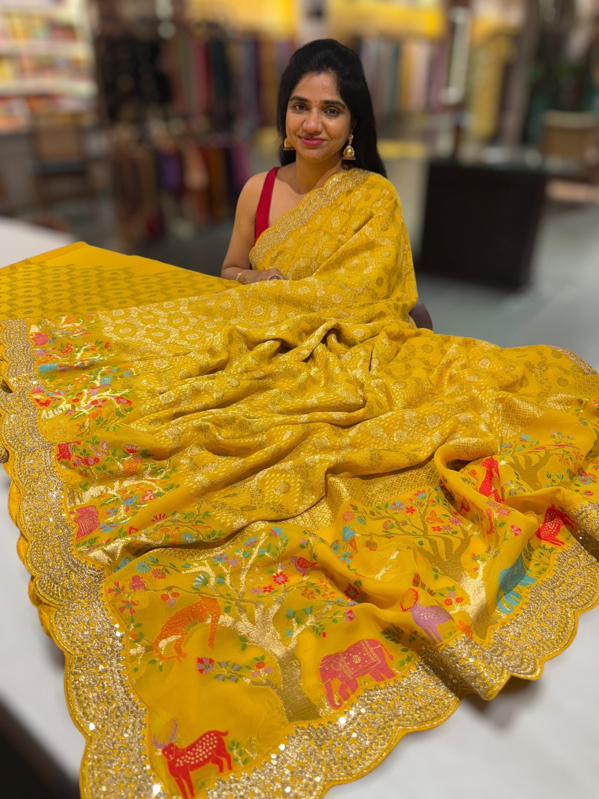 Yellow Bandhini Georgette Saree with sabya style scallop border