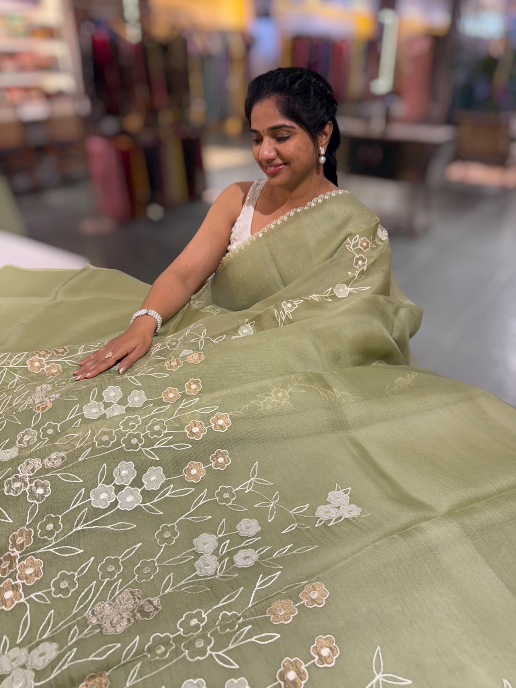 Olive Organza Saree With Tissue Applique Work