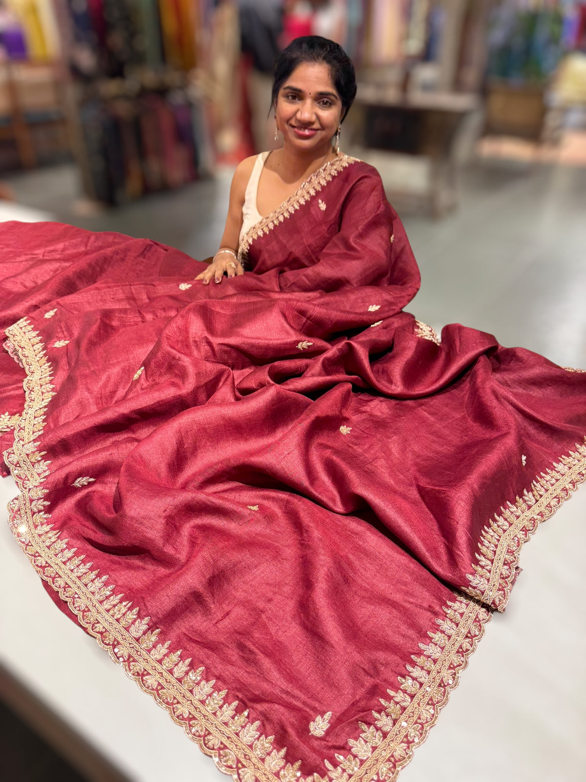 Maroon Pure Tussar Handwork Saree