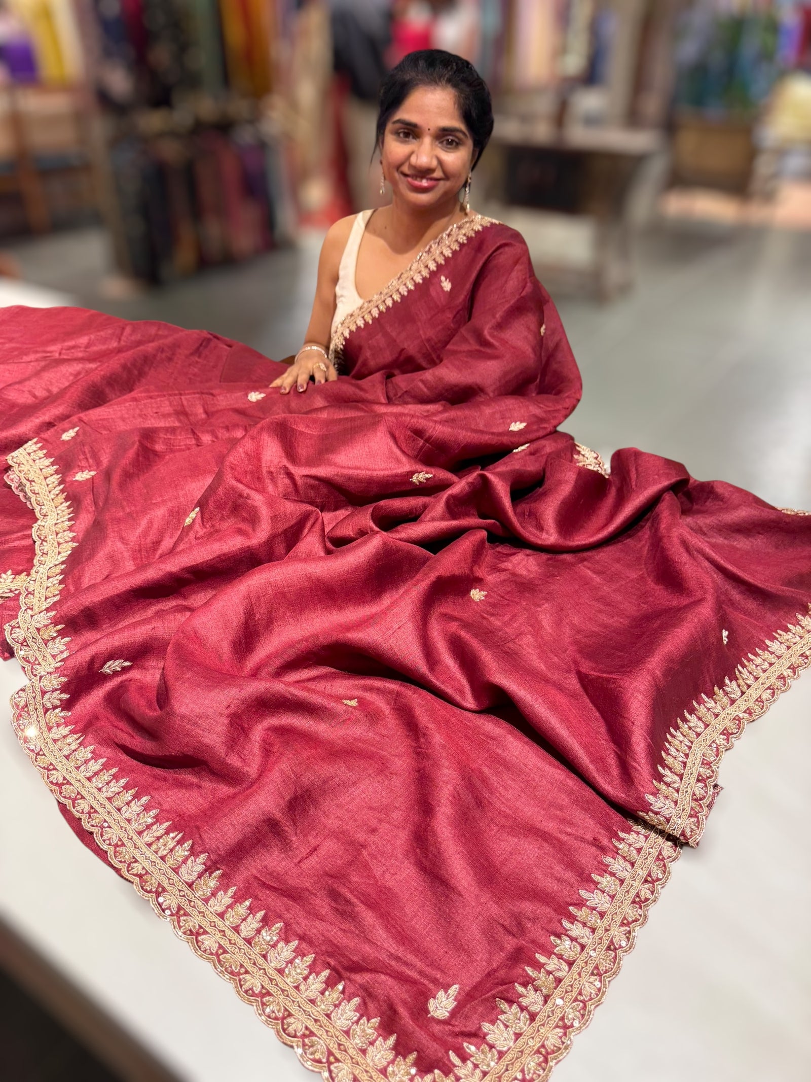 Maroon Pure Tussar Handwork Saree