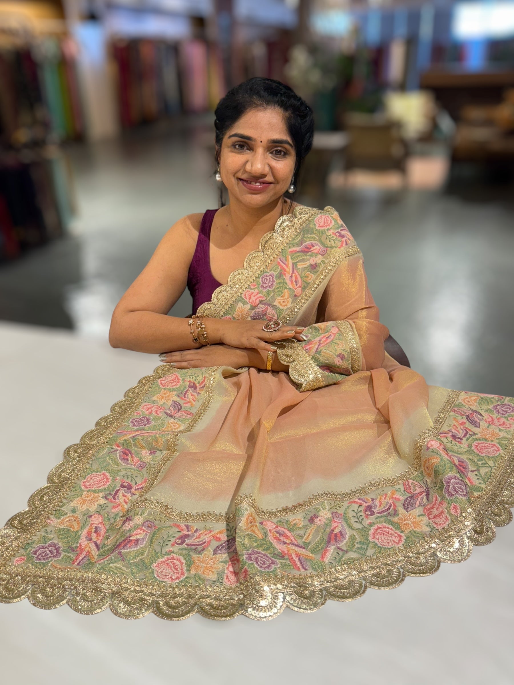 Peach Tissue Gorgette Saree With Petite Point Embroidered Border