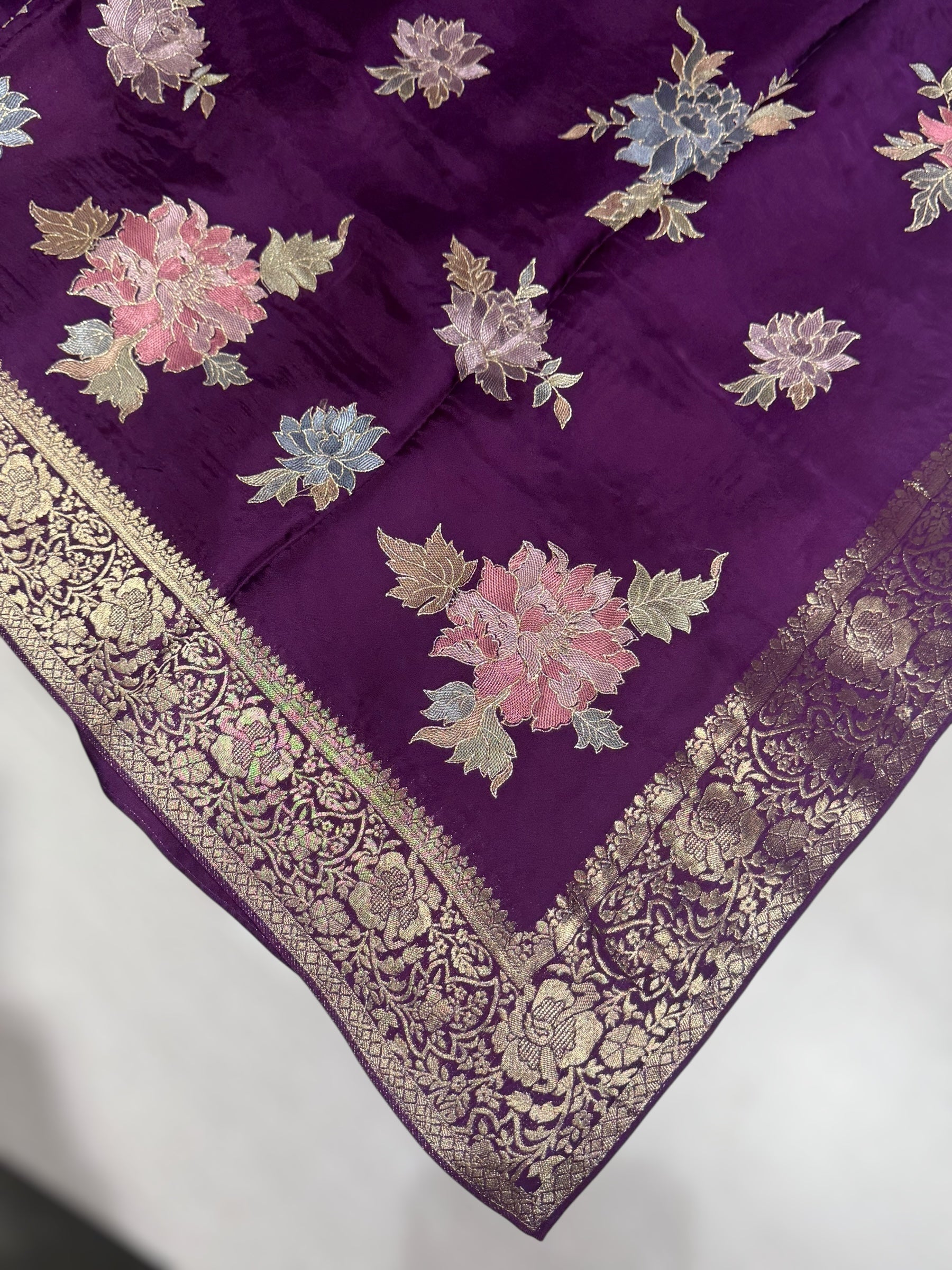 Wine Mashru Satin Saree with Allover Floral embroidery