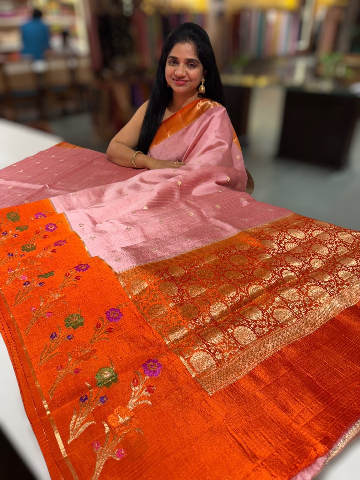 Onion pink &amp; Orange Poona silk saree