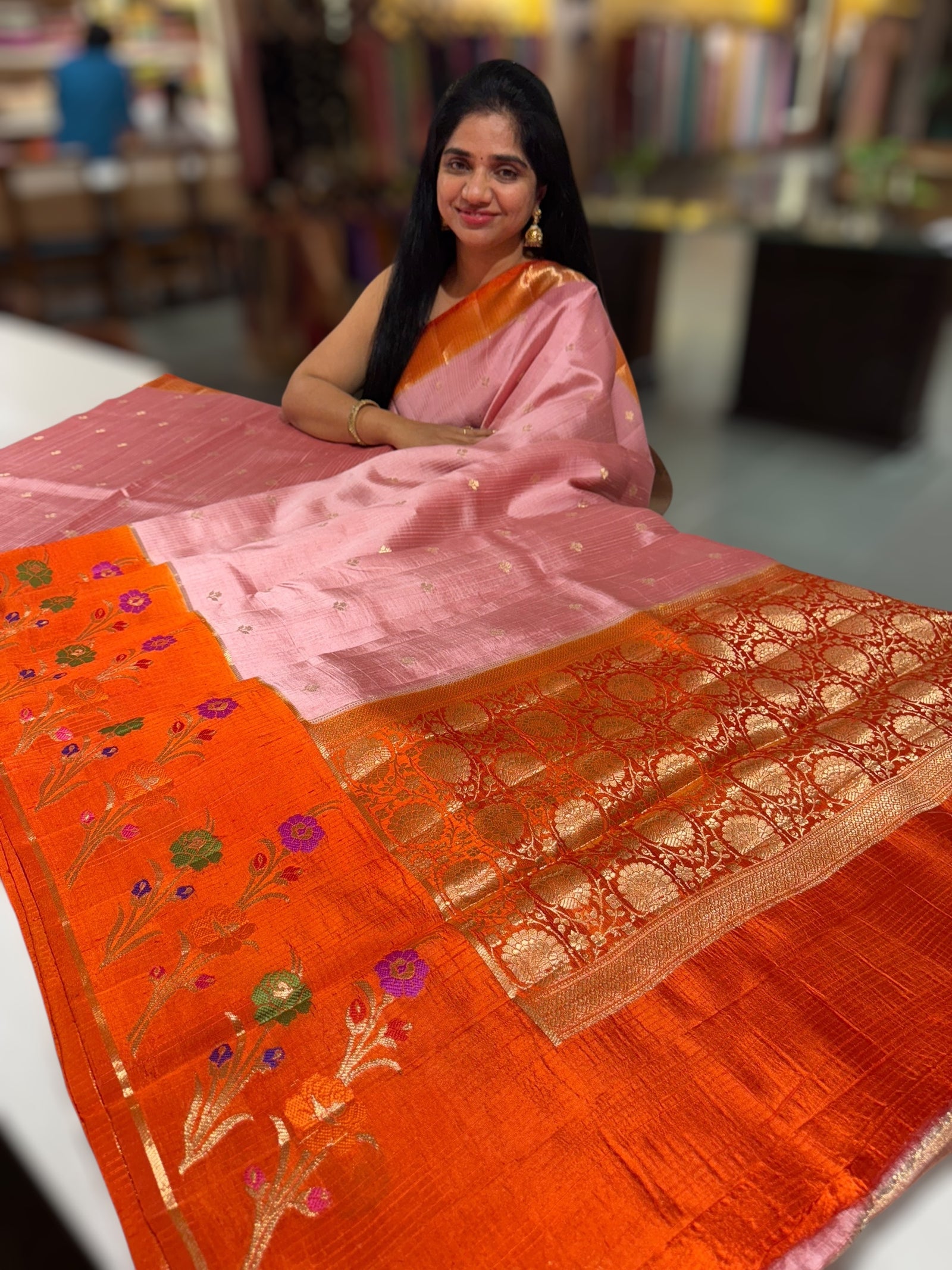 Onion pink & Orange Poona silk saree