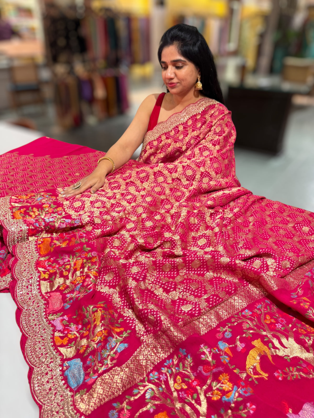 Reddish pink  Bandhini Georgette Saree with sabya style scallop border