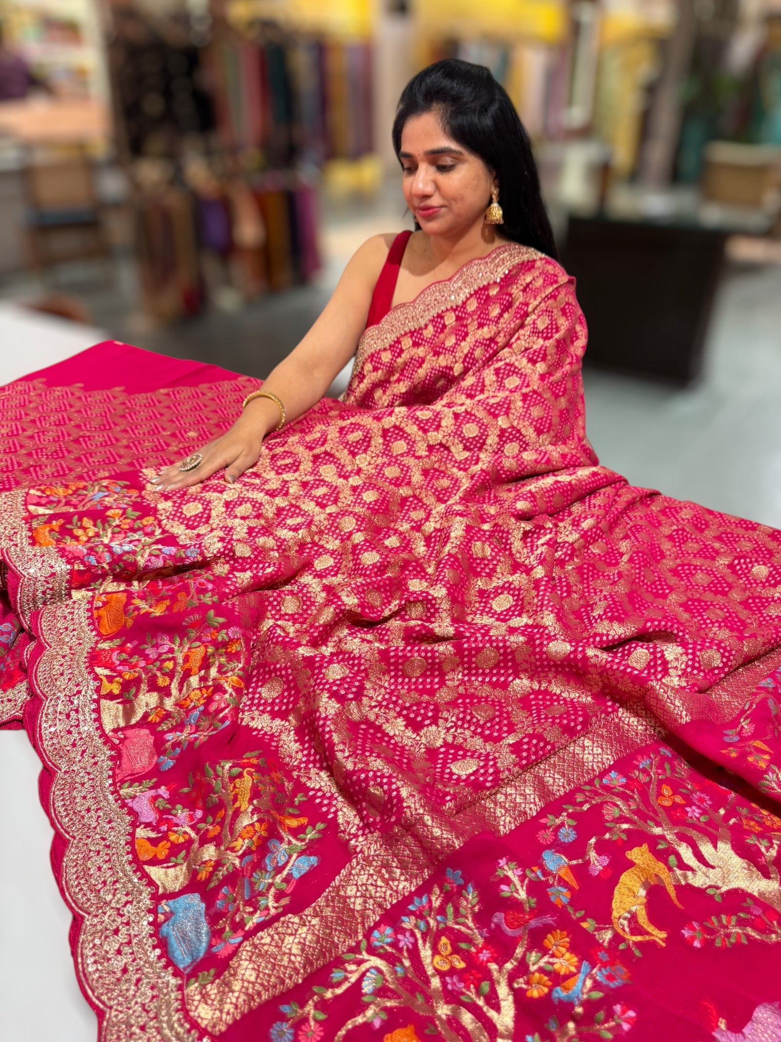 Reddish pink  Bandhini Georgette Saree with sabya style scallop border