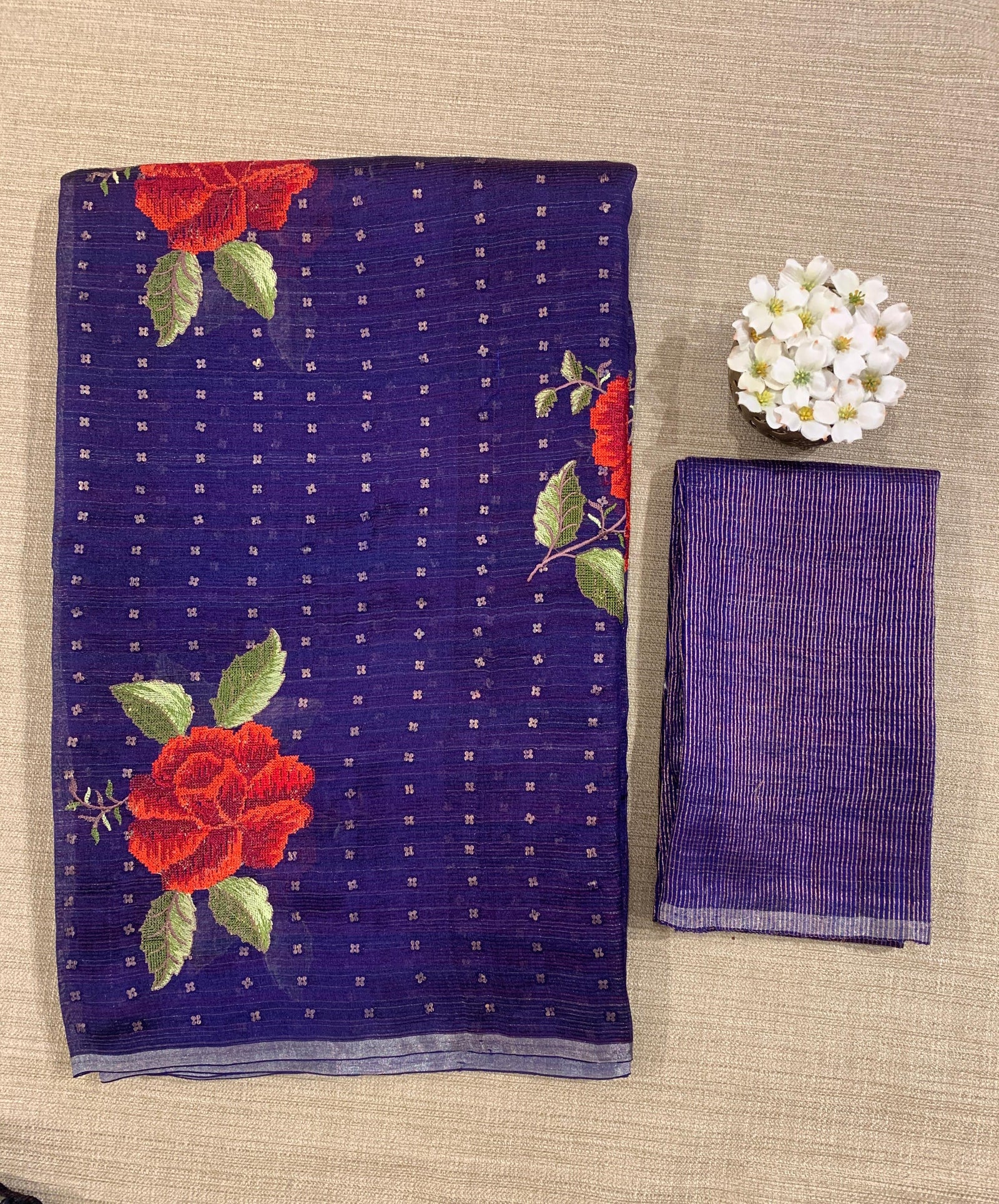 Violet Tussar Kota Saree with embedded sequnce and hibuscus flower embroidery