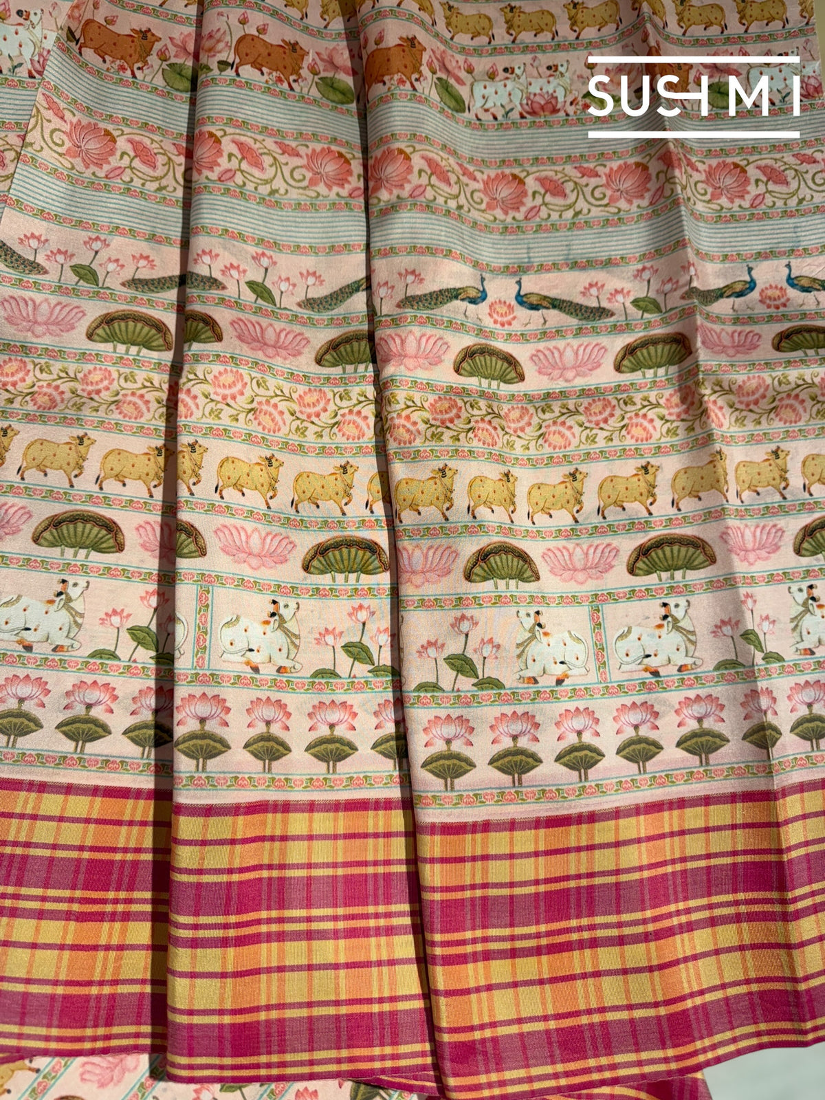 Pastel Pink printed soft silk saree with burberry checks border : D62F036