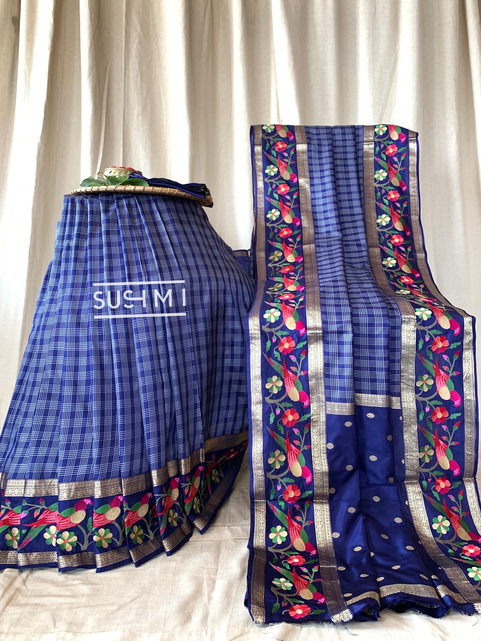 Midnight Blue Vintage checks Kanjeevaram soft silk saree with embroidery D62F040