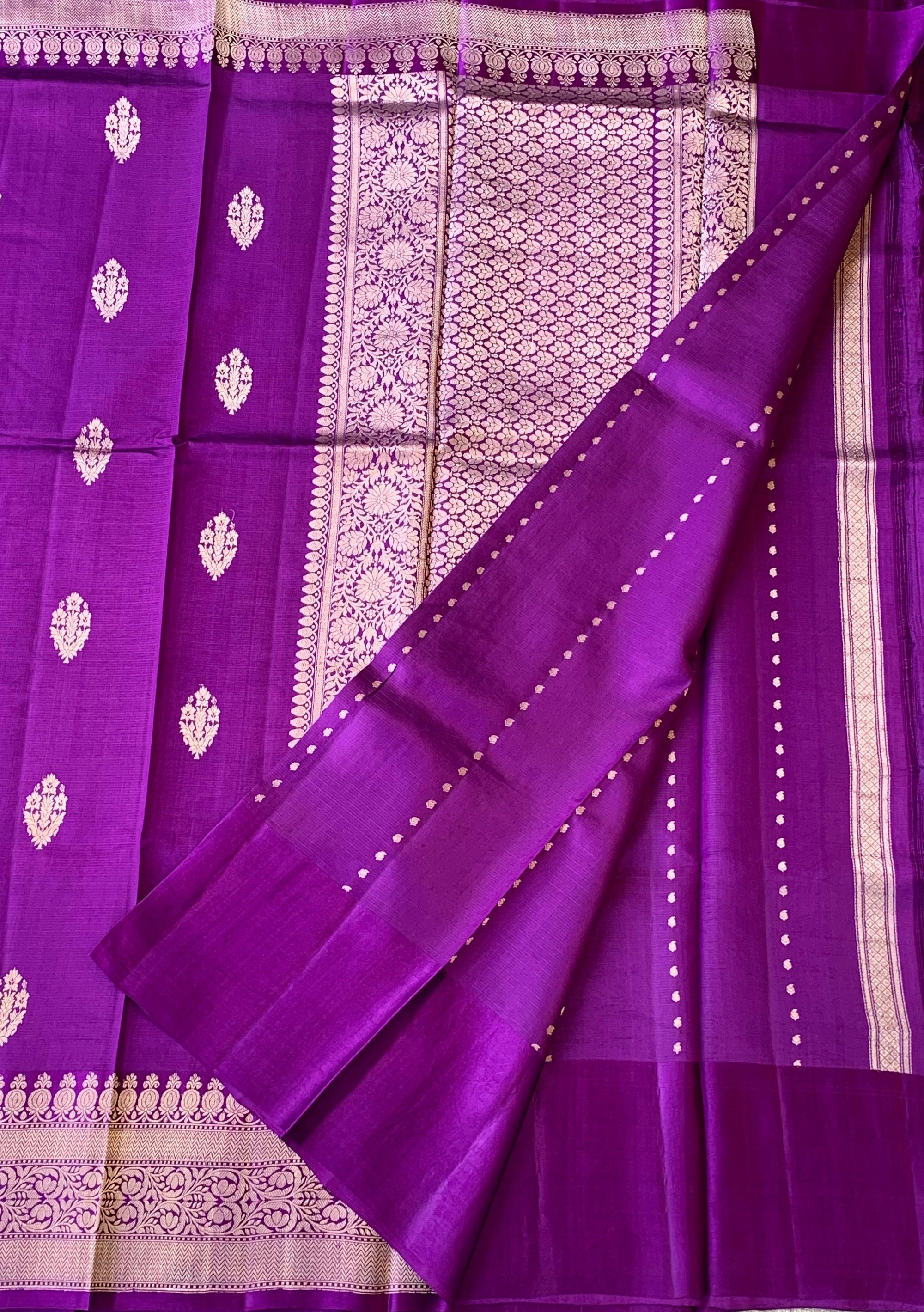 Brinjal Raw Mangoe Silk Saree in Monotone Look with heavy weaving Mashru borders & kaduwa woven motifs.