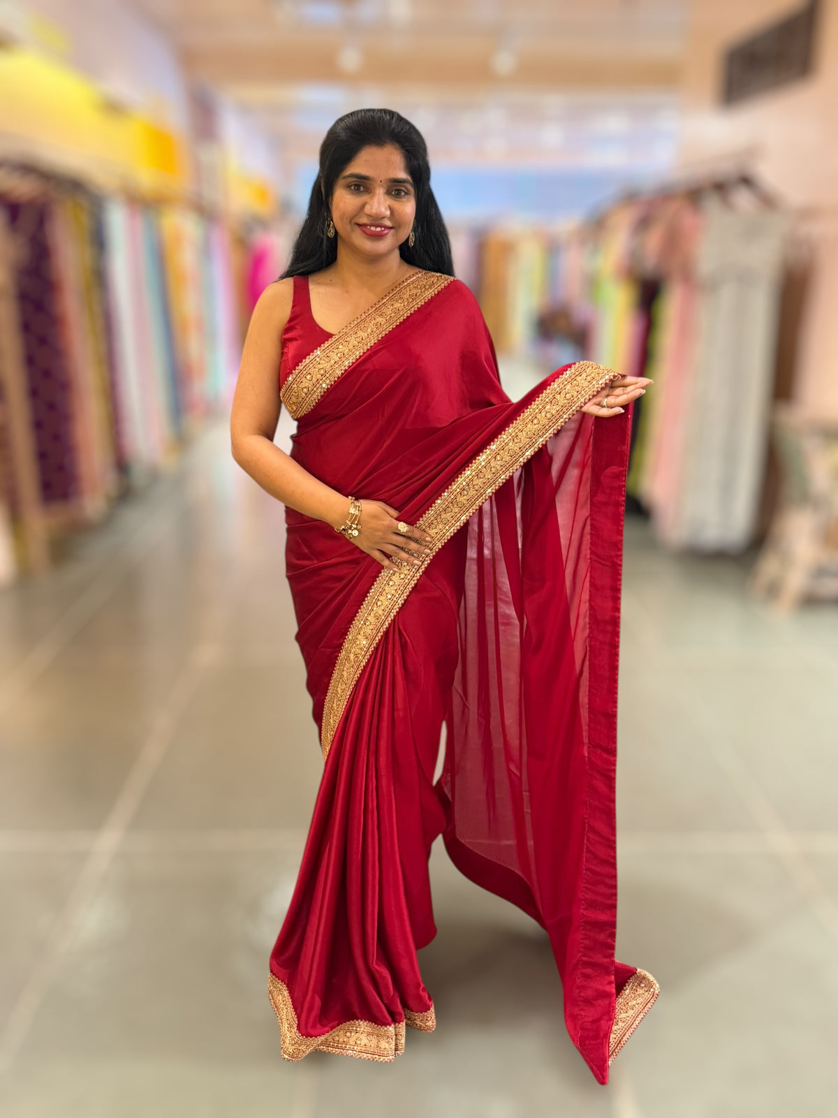 Maroon Red Pure Satin Saree with Sabhyasachi Borders