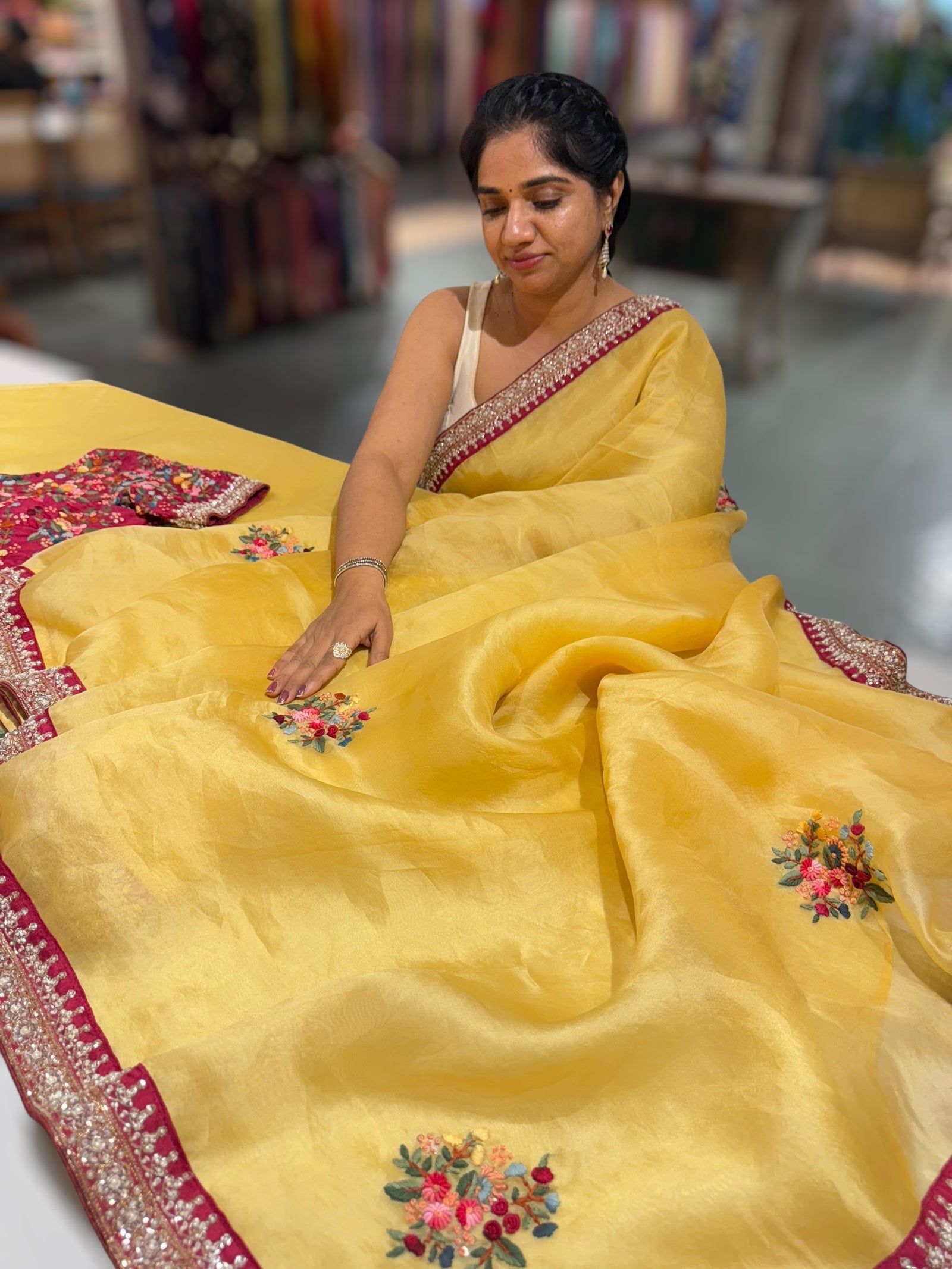 Yellow Organza heavy handwork saree with ready to wear blouse