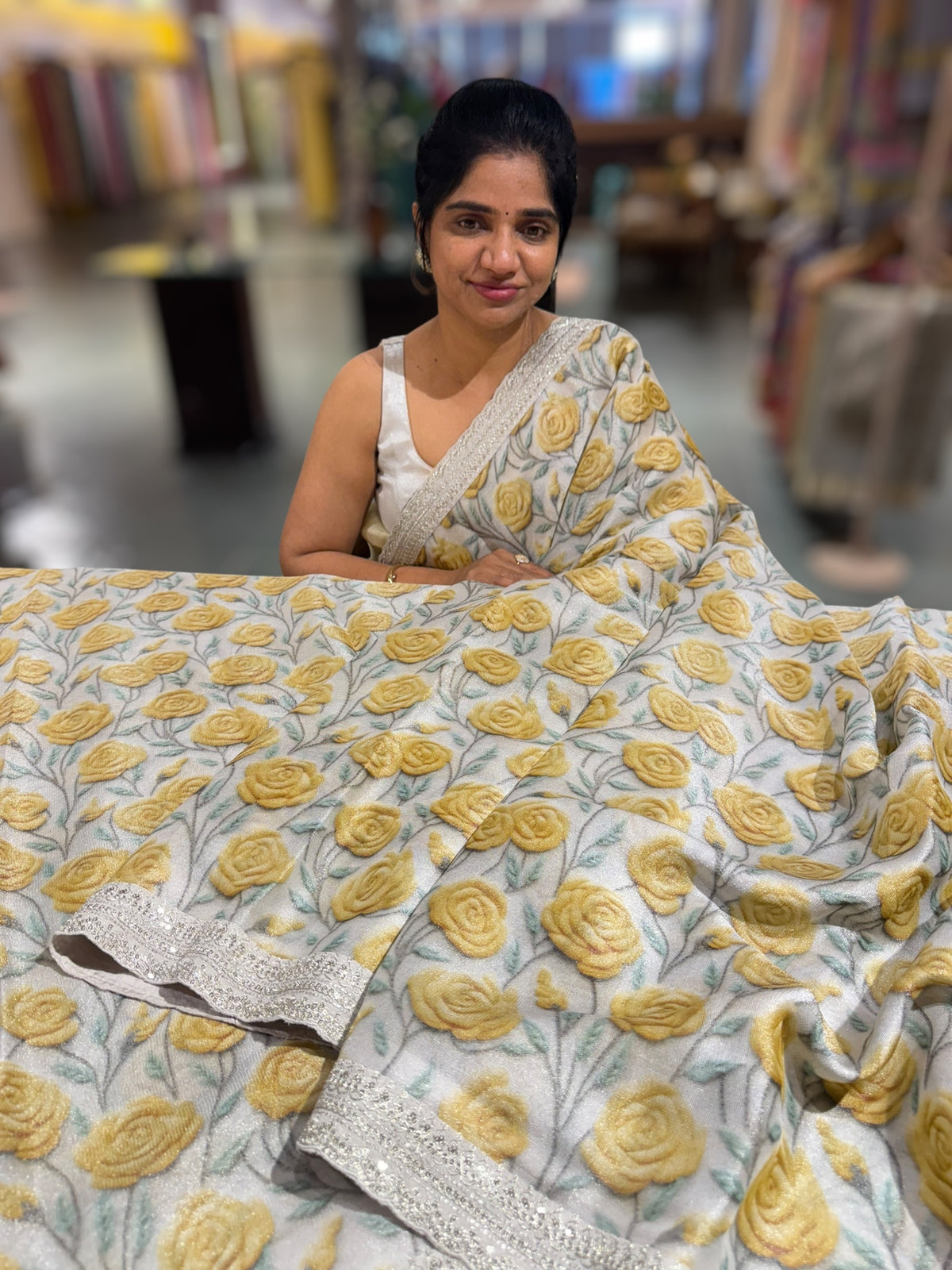 Silver base Tissue Georgette Saree