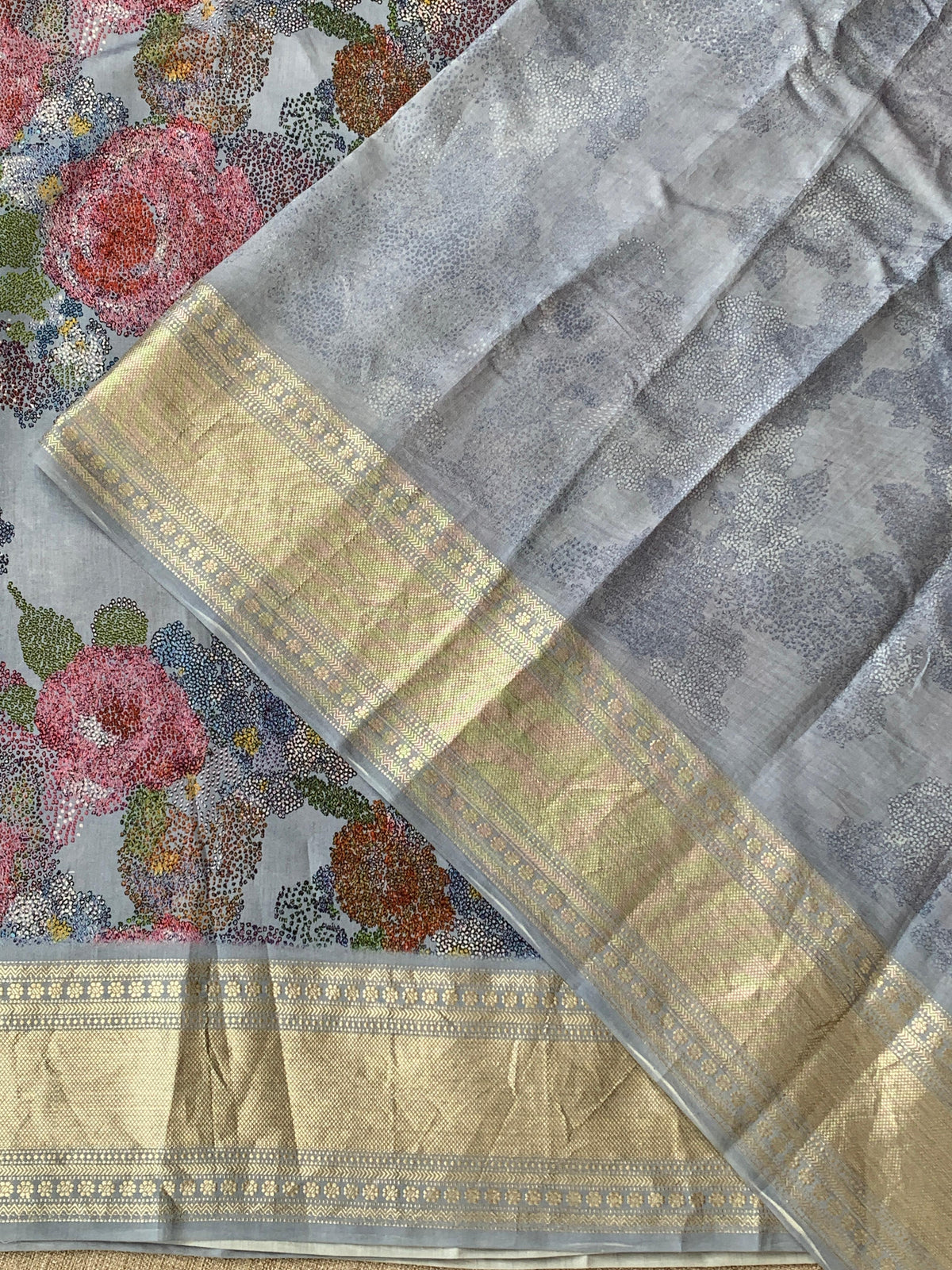 Dusty Blue Pure Handloom Chiniya Silk Saree with stunning Floral Print and zari borders