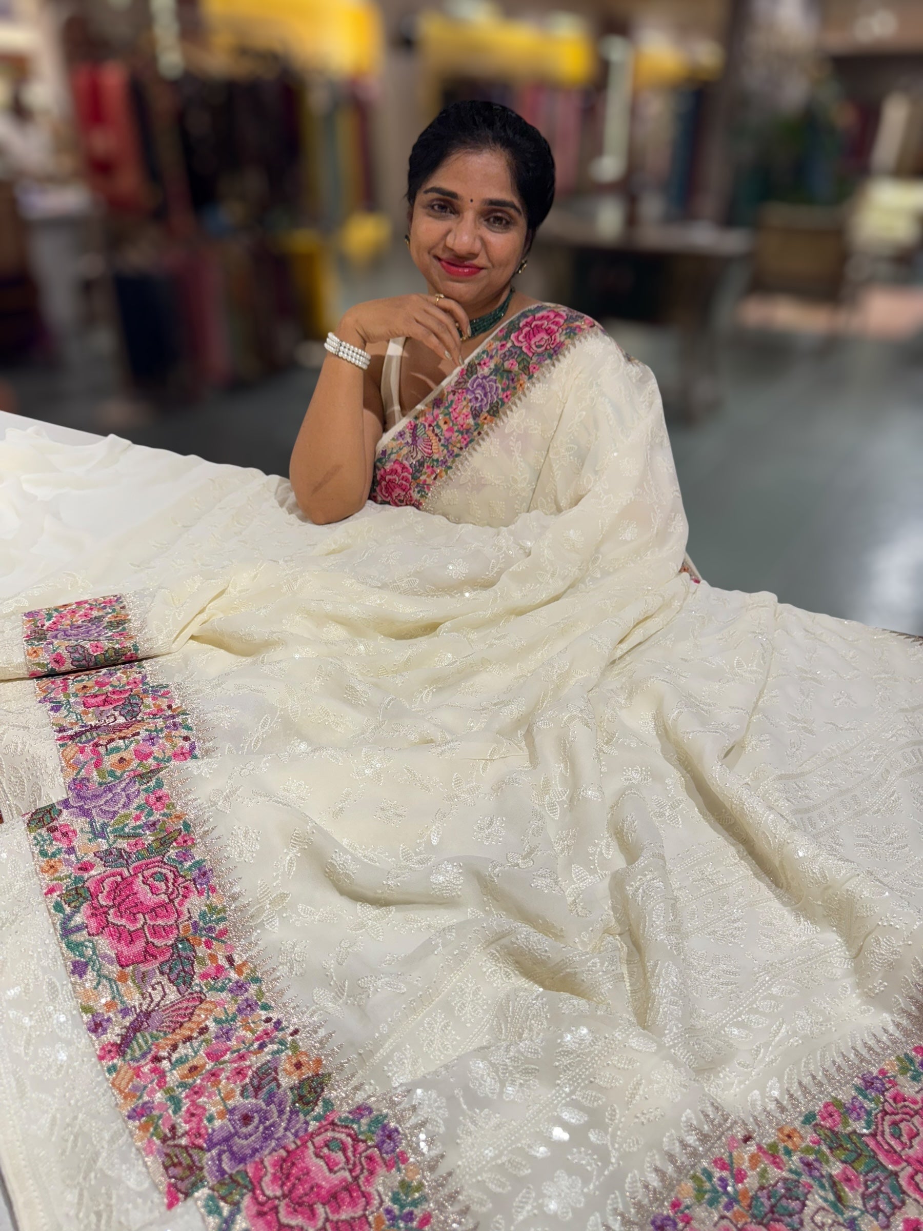 Halfwhite Georgette Saree with allover Chikankari Embroidery and Petite Point border