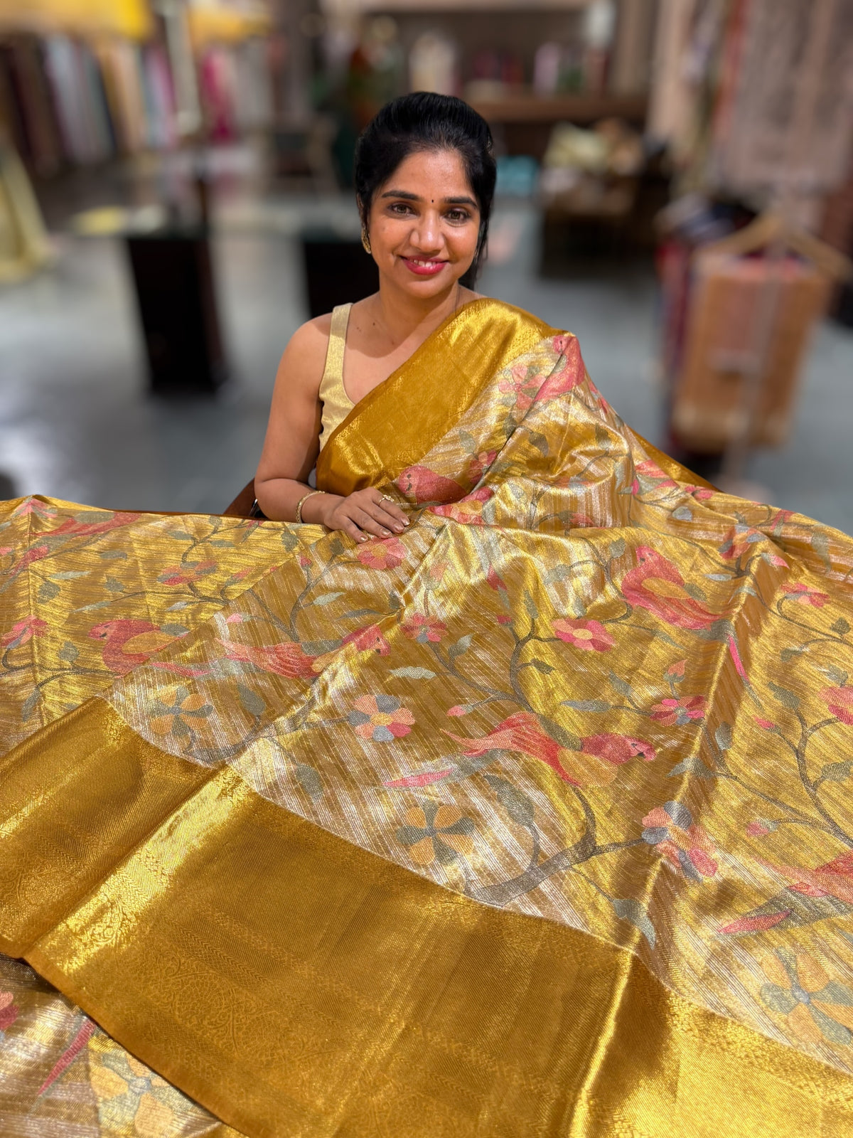 Molten Gold Kanjeevaram Tissue Saree with allover embroidery