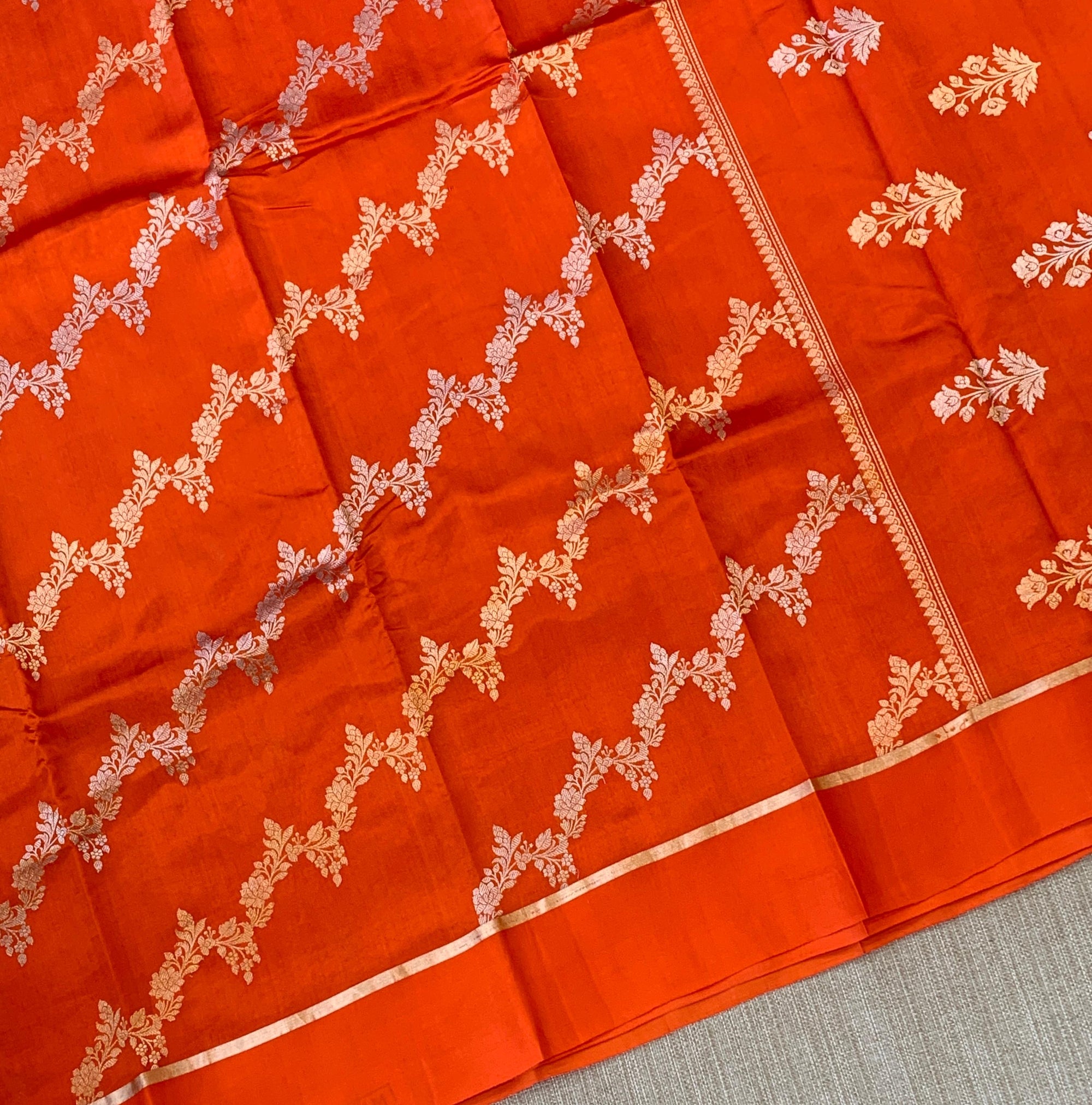 Orange Raw Mangoe Silk Saree in half and half style