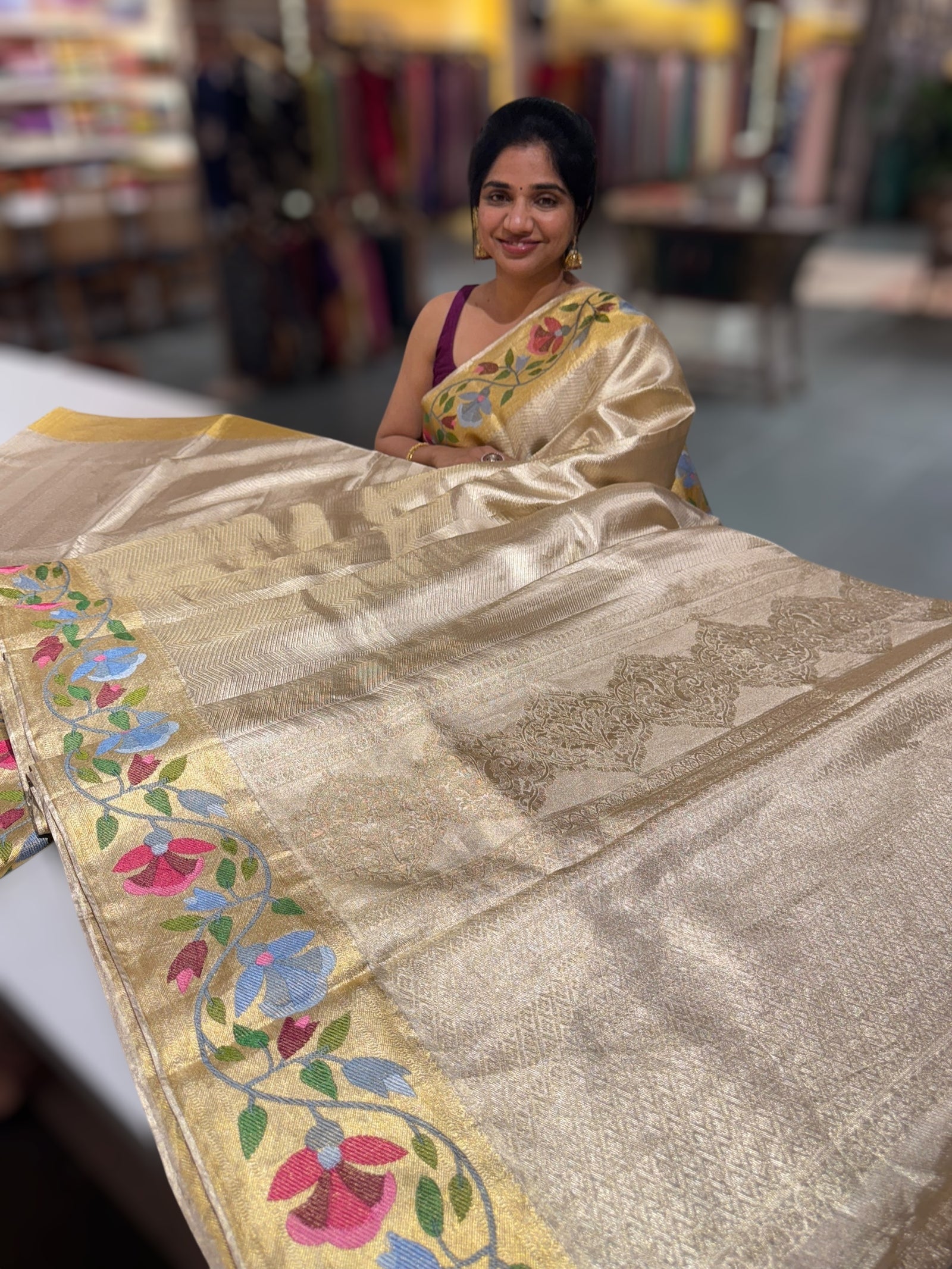 Water Gold Kanchi Tissue Brocade Saree With jamdani inspired embroidery.