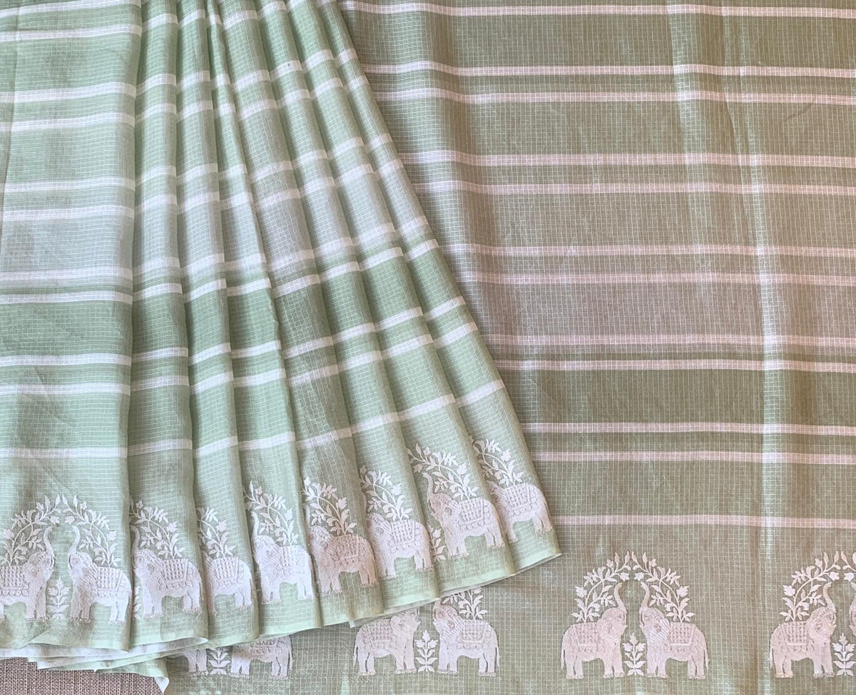 Dusty Green Designer Silk kota saree with elephant embroidered border