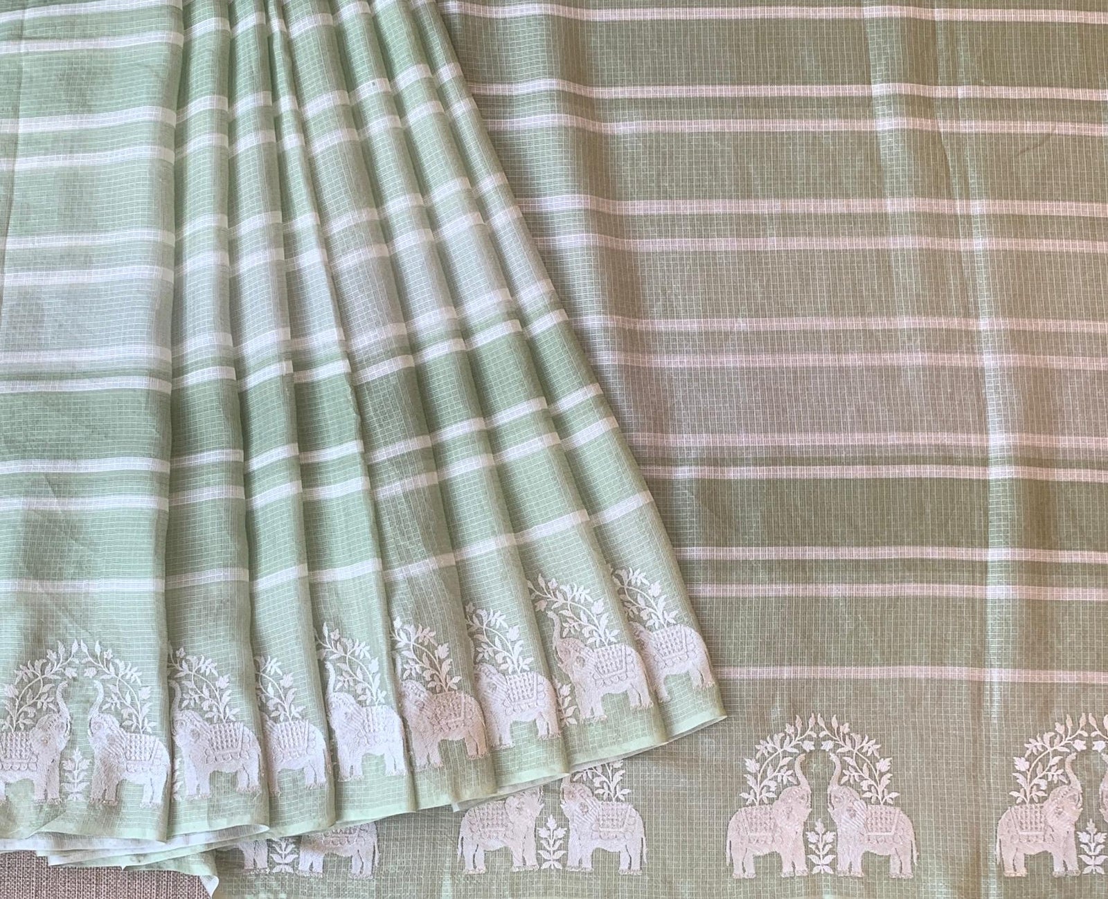 Dusty Green Designer Silk kota saree with elephant embroidered border