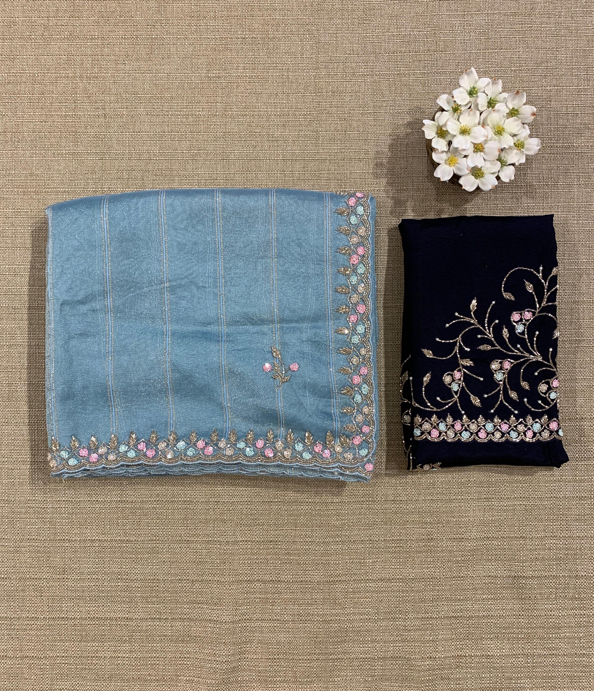 Tissue Gorgette Saree With Handwork Border and Blouse.