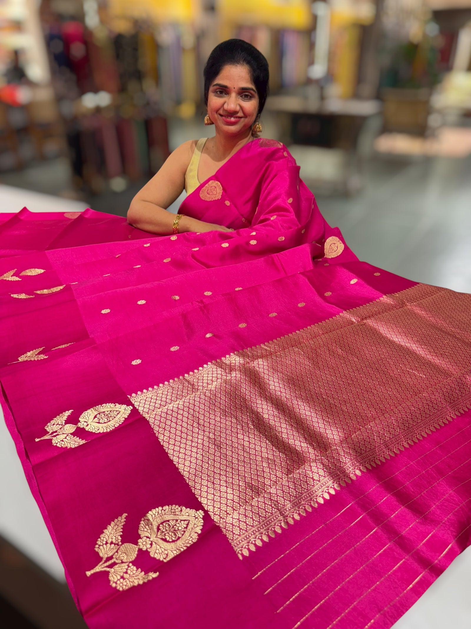 Rani Pink Raw Mangoe Silk Saree with kaduwa woven Motifs on Mashru Borders