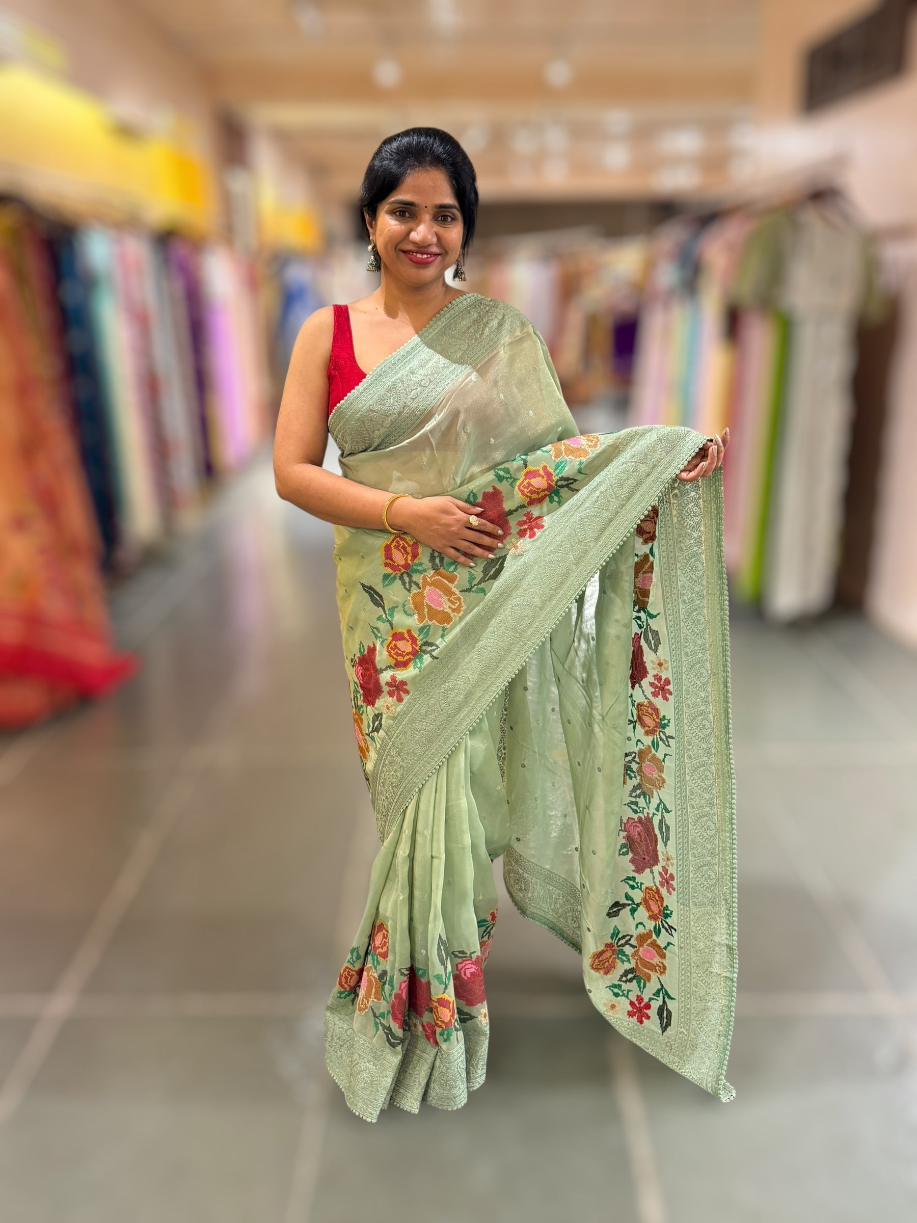 Dhaara : Sage Green Tissue Gorgette Saree