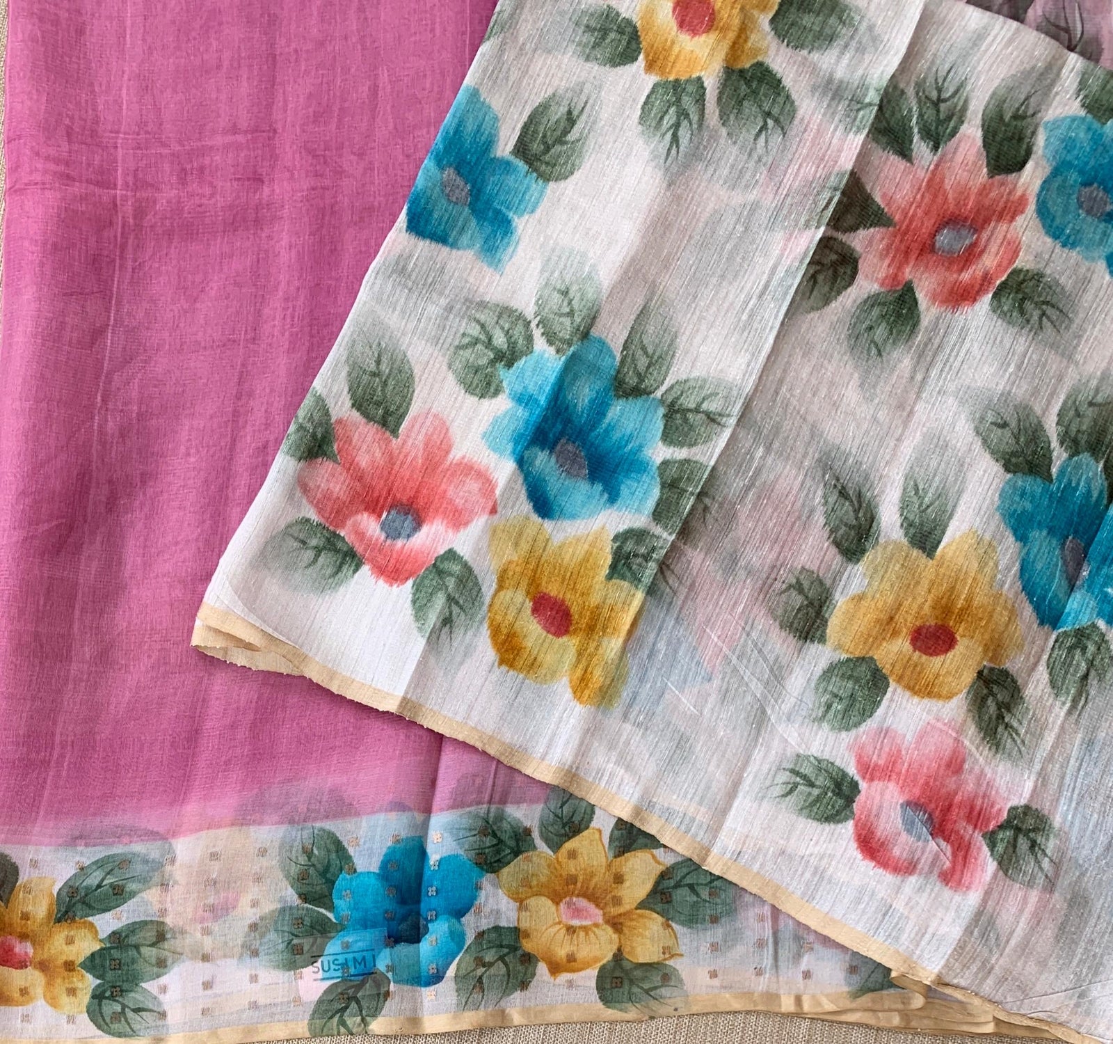Rose Pink Tussar Kota Tissue Saree with Handpainted Muslin Border and Pallu