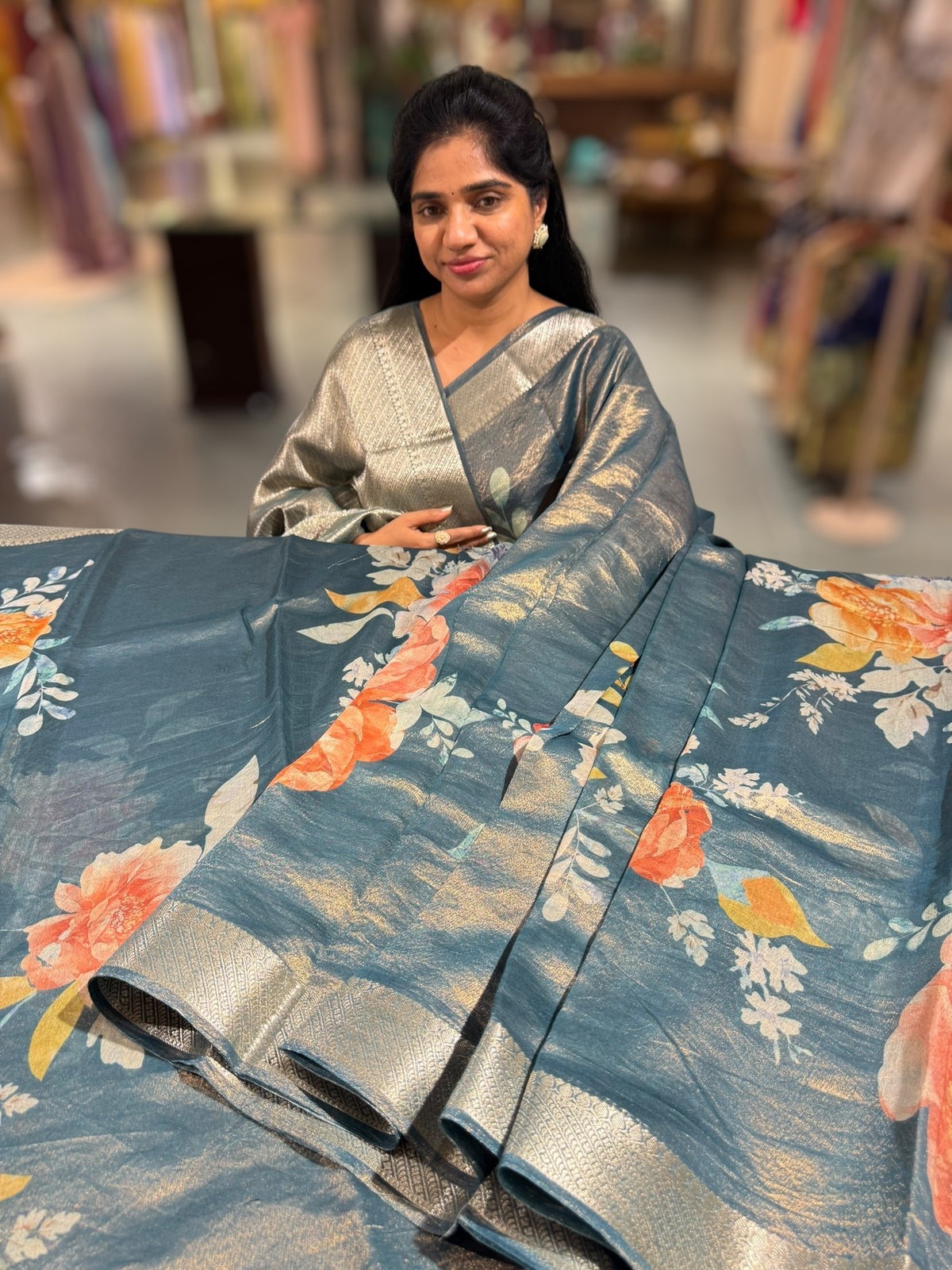 Peacock Blue Printed Banarasi Cotton Tissue