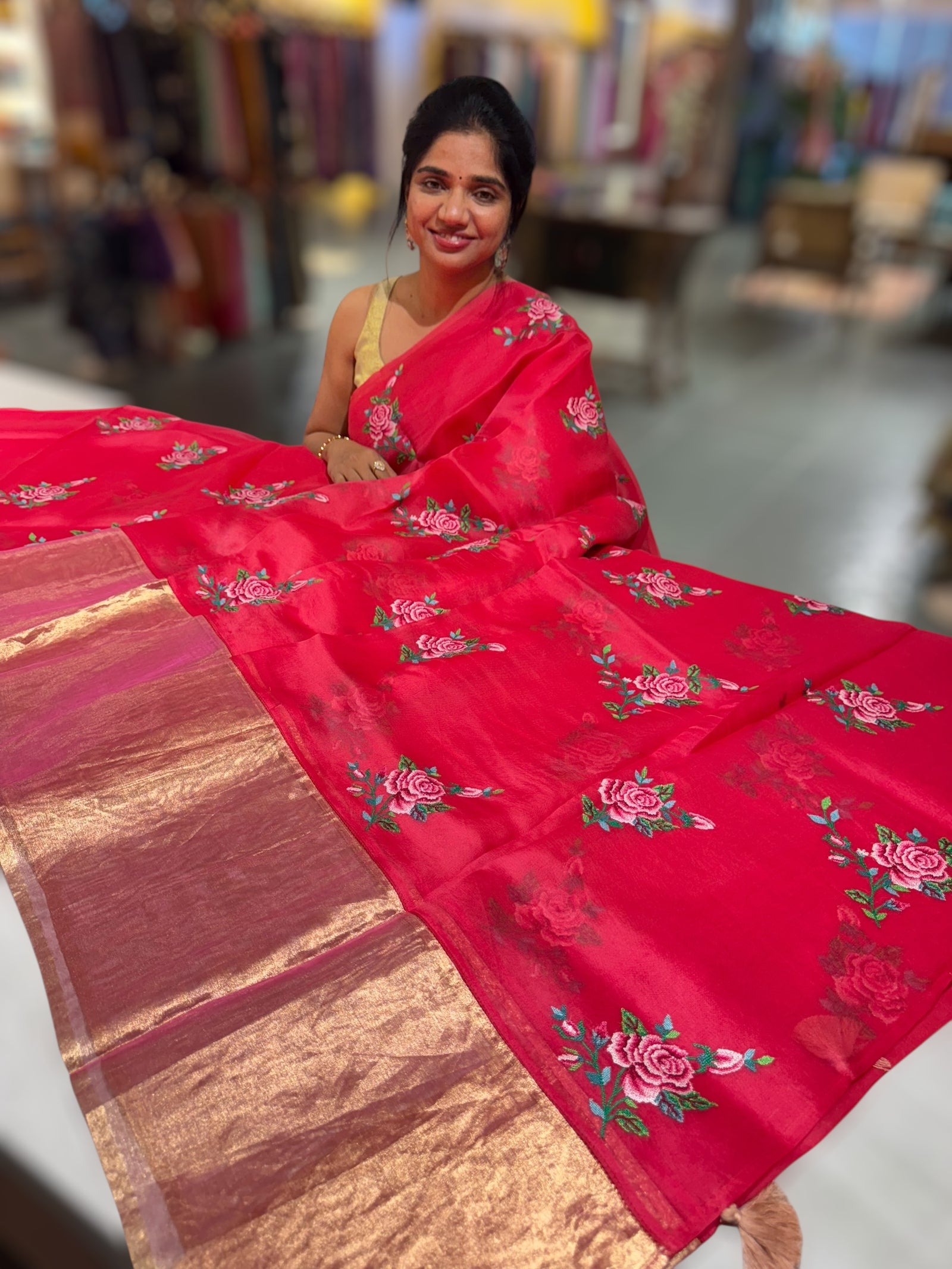 Pinkish Red Organza Saree with pure Tissue Border