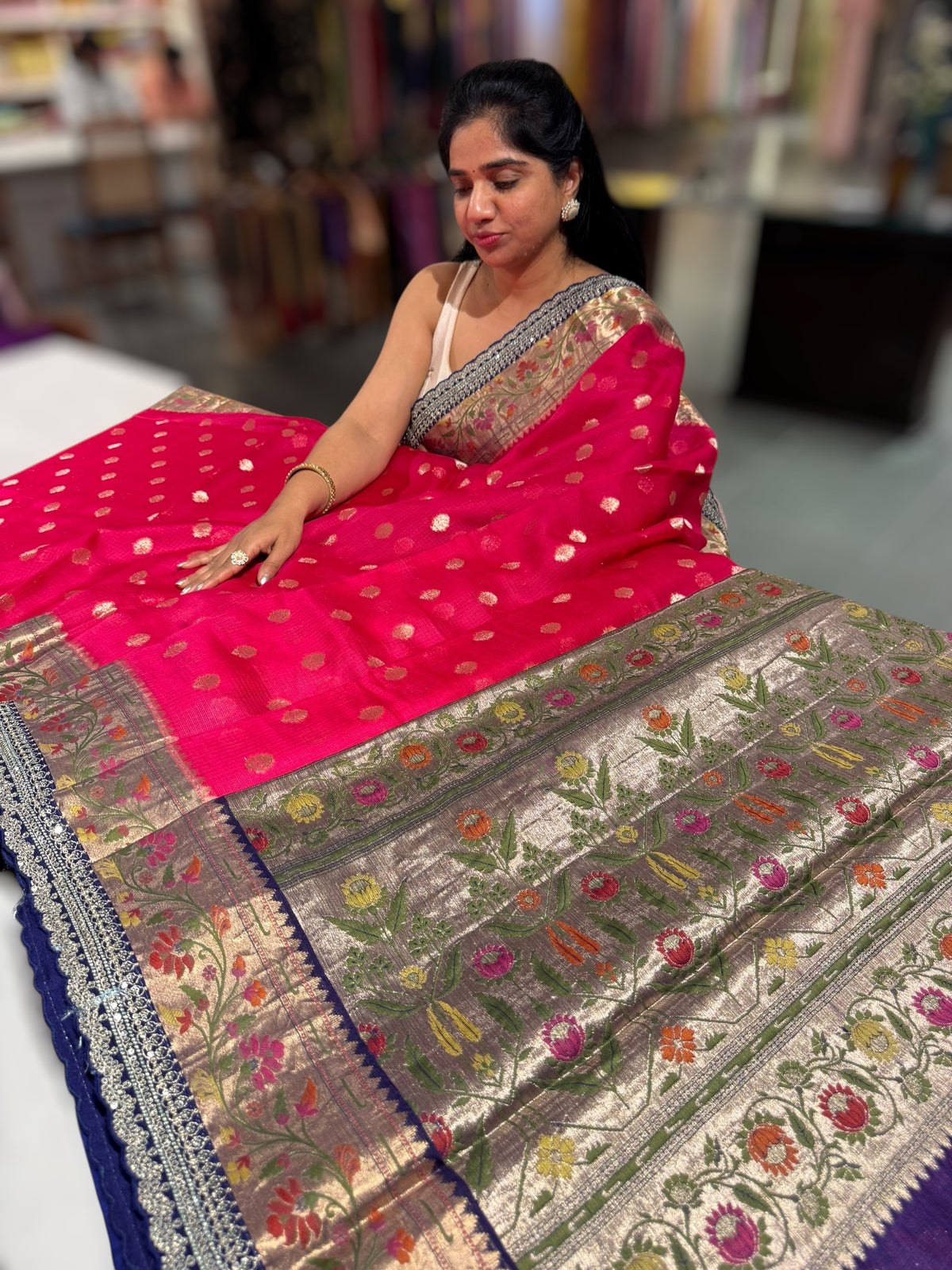 Reddish Pink Designer Silk kota saree