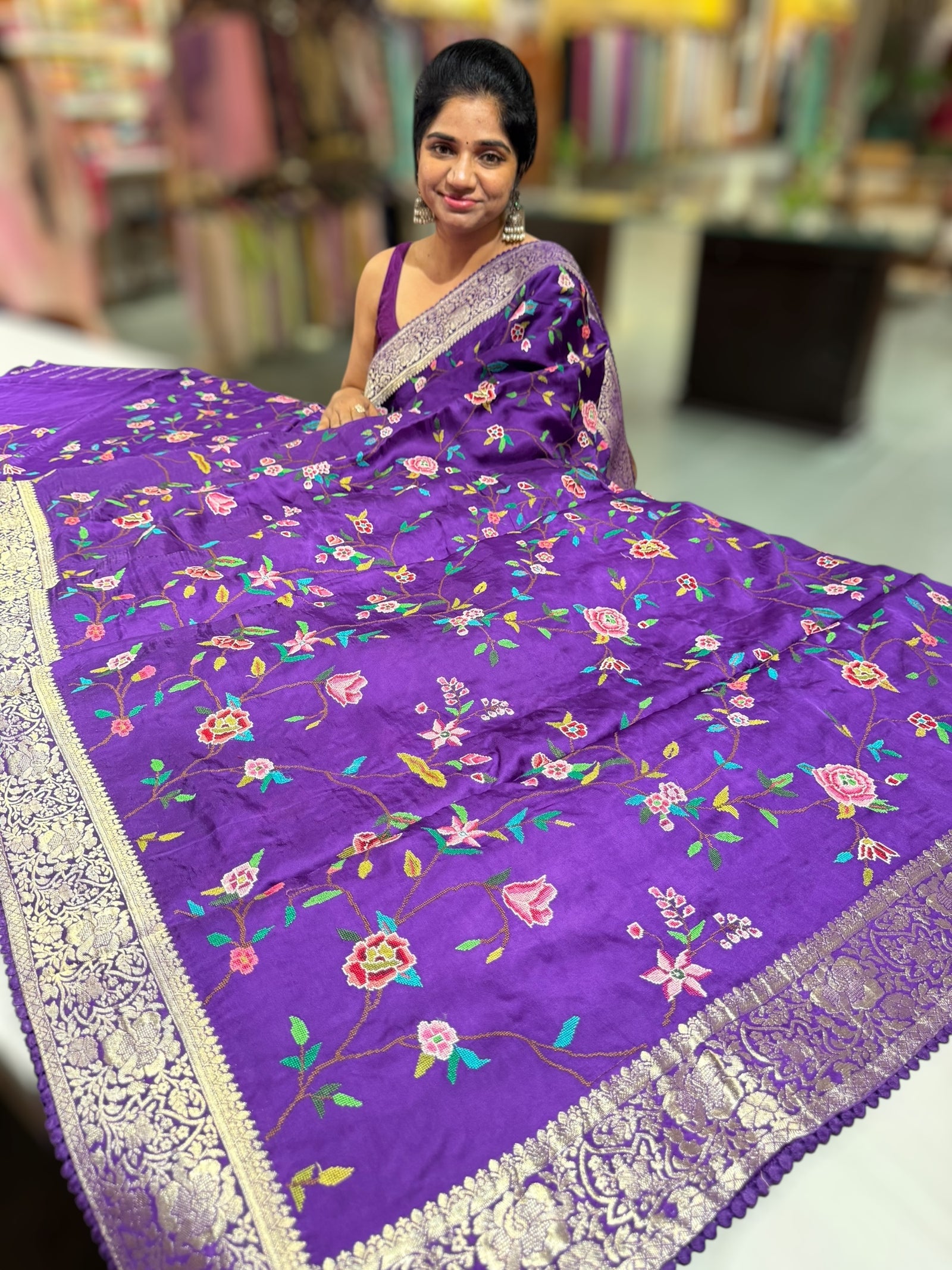 Brinjal Mashru Banaras with petite Point embroidery