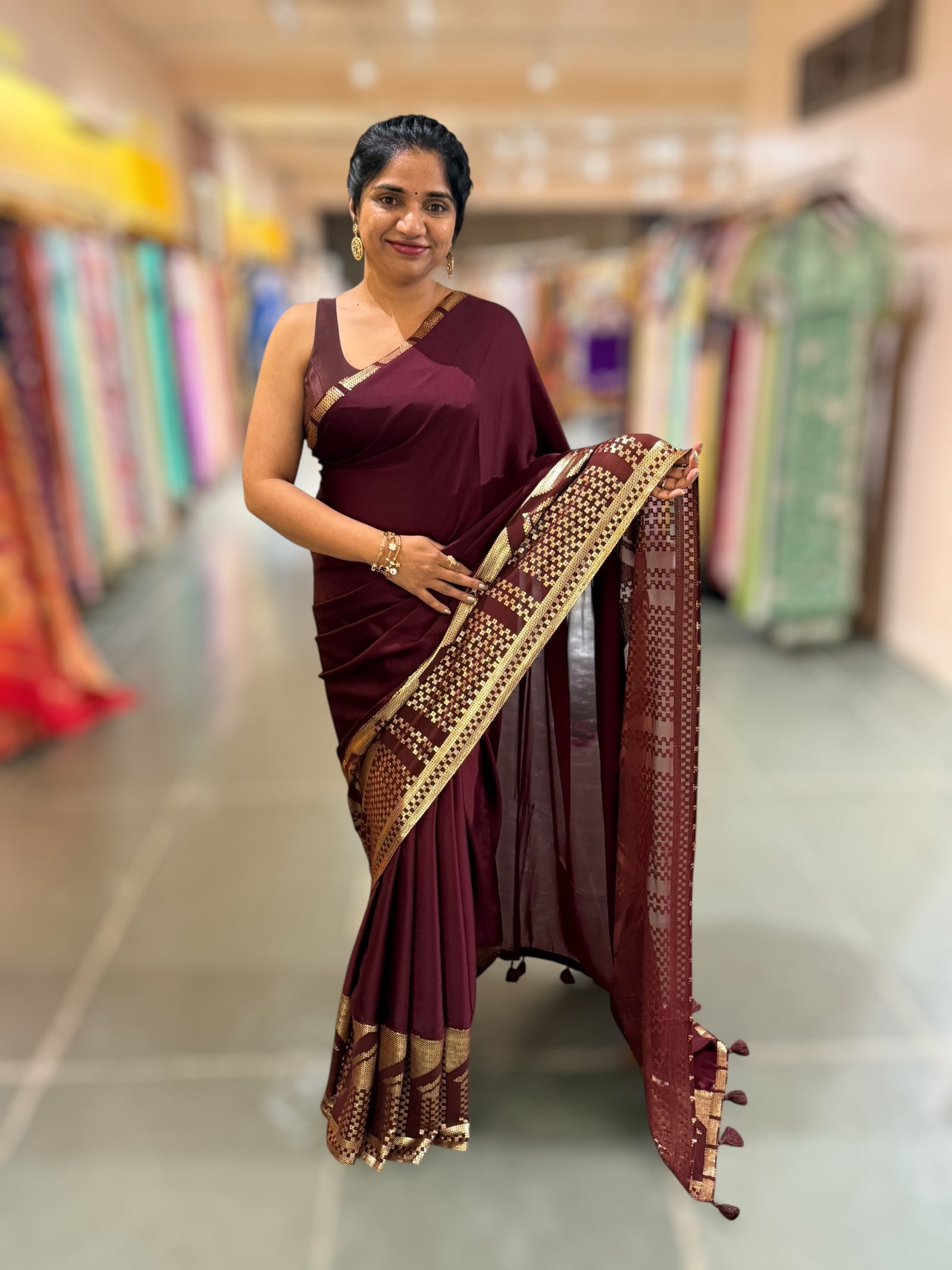 Burgundy Pure Satin Saree with designer sequence border and blouse