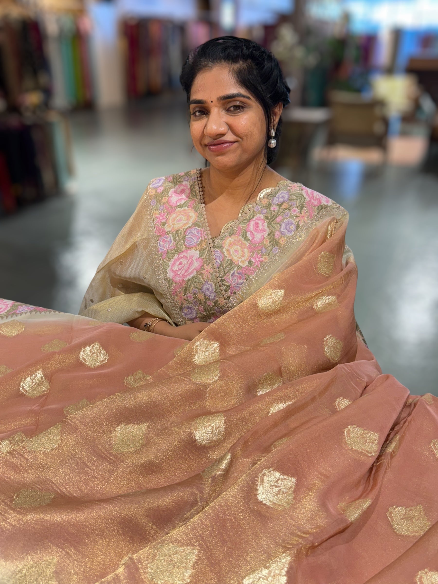 Brownish Peach Banarasi Tissue Gorgette Saree With Petite Point Embroidered Border