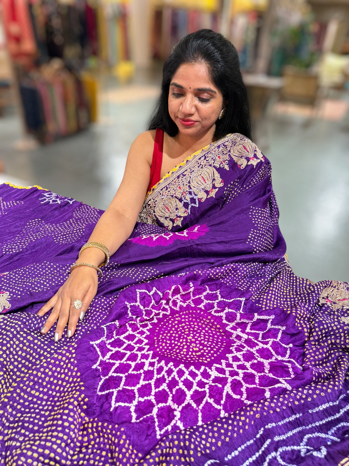 Dark Voilet Designer Rai Bandhej Saree With Embroidered Border