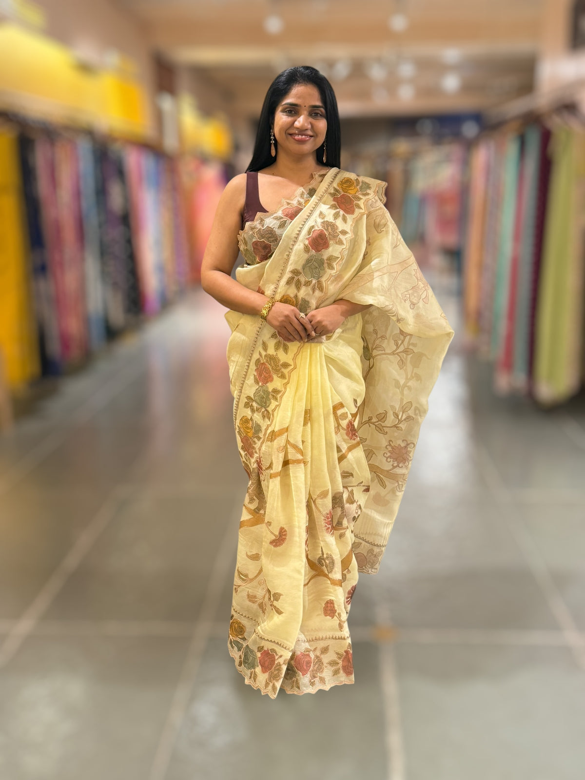 Pastel Yellow Pure Organza Applique Work Saree
