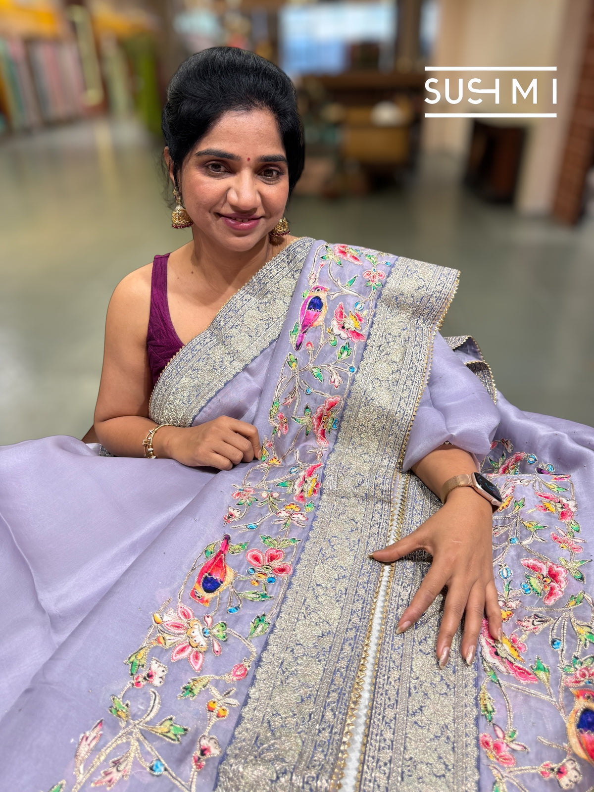 Lilac Organza Banarasi Fusion Saree with Bird Appliqué : SM020