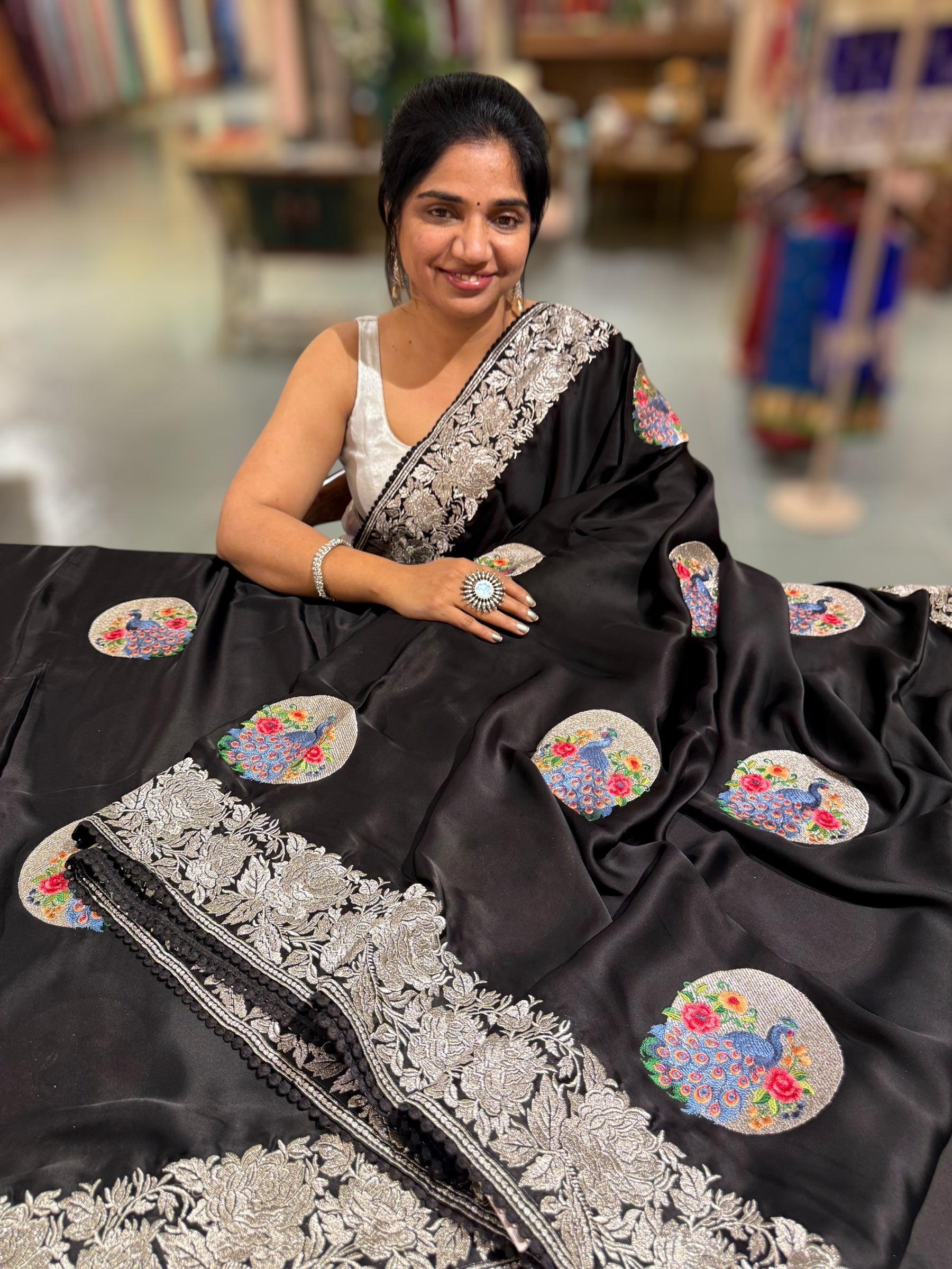 Black Designer Satin Saree with stunning embroidered border & motifs