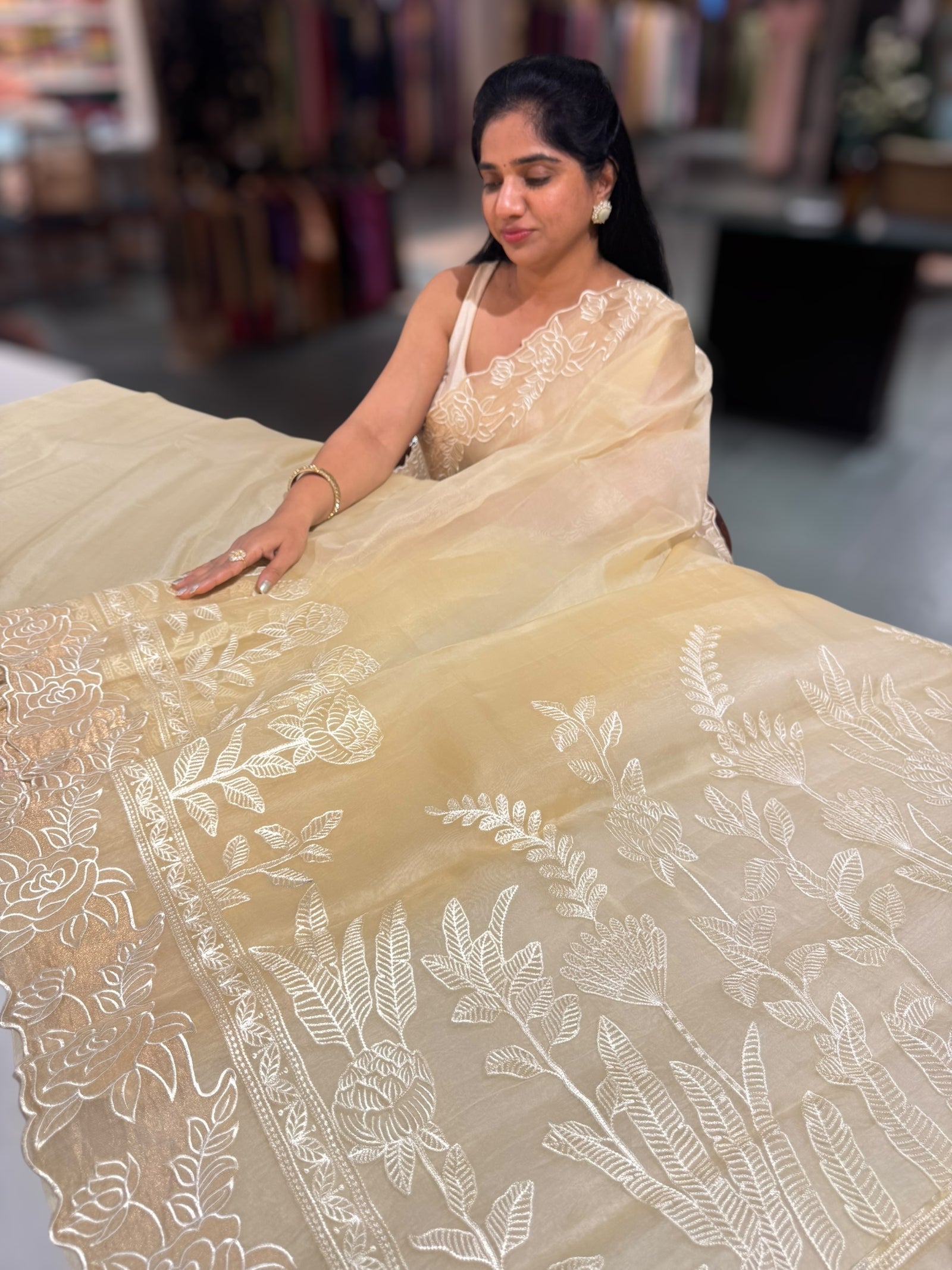 Pastel Yellow Organza saree with heavy embroiderey