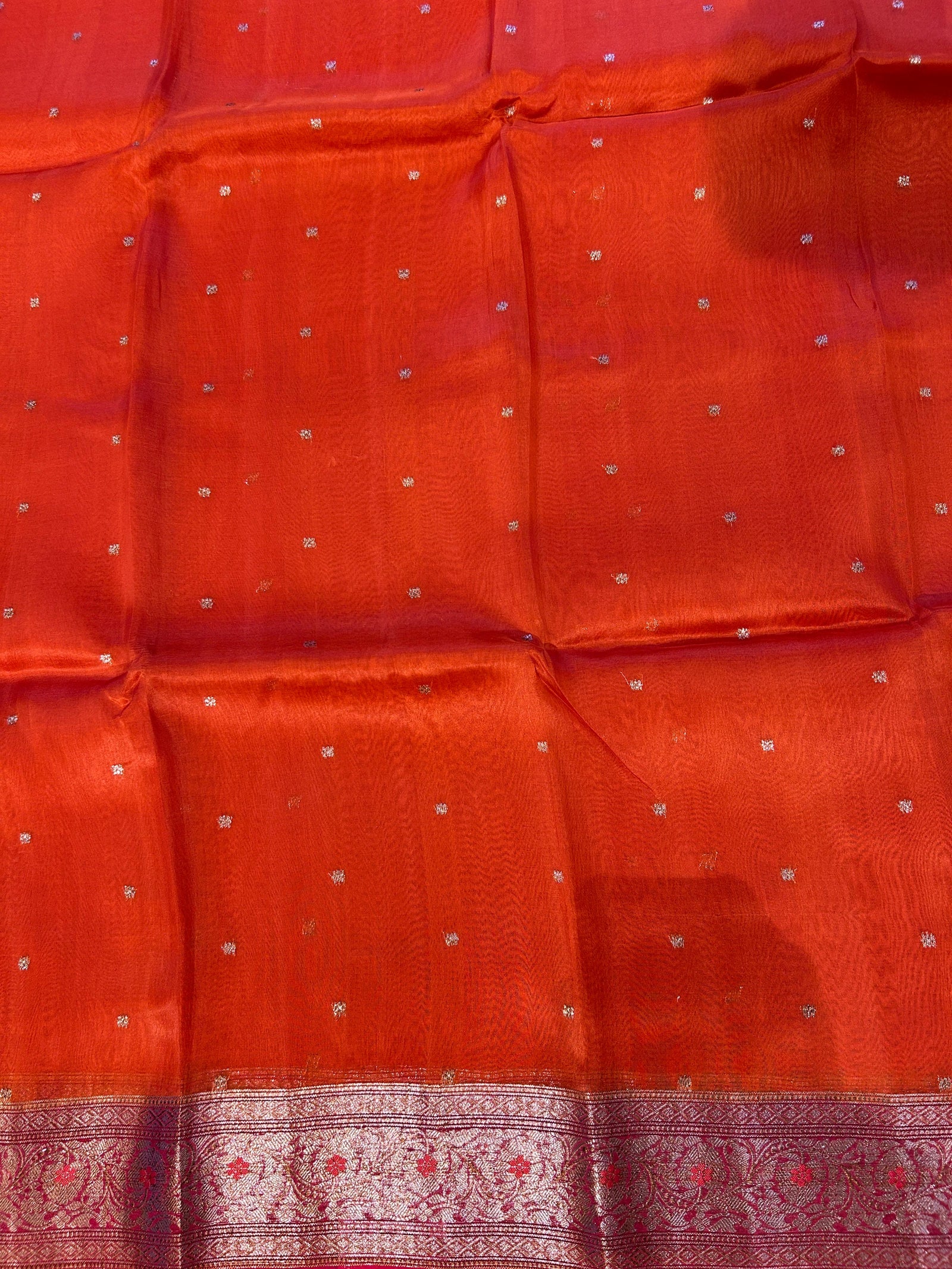Reddish Orange and pink combo Pure Handloom premium Kora Banarasi Saree with meaanakati border