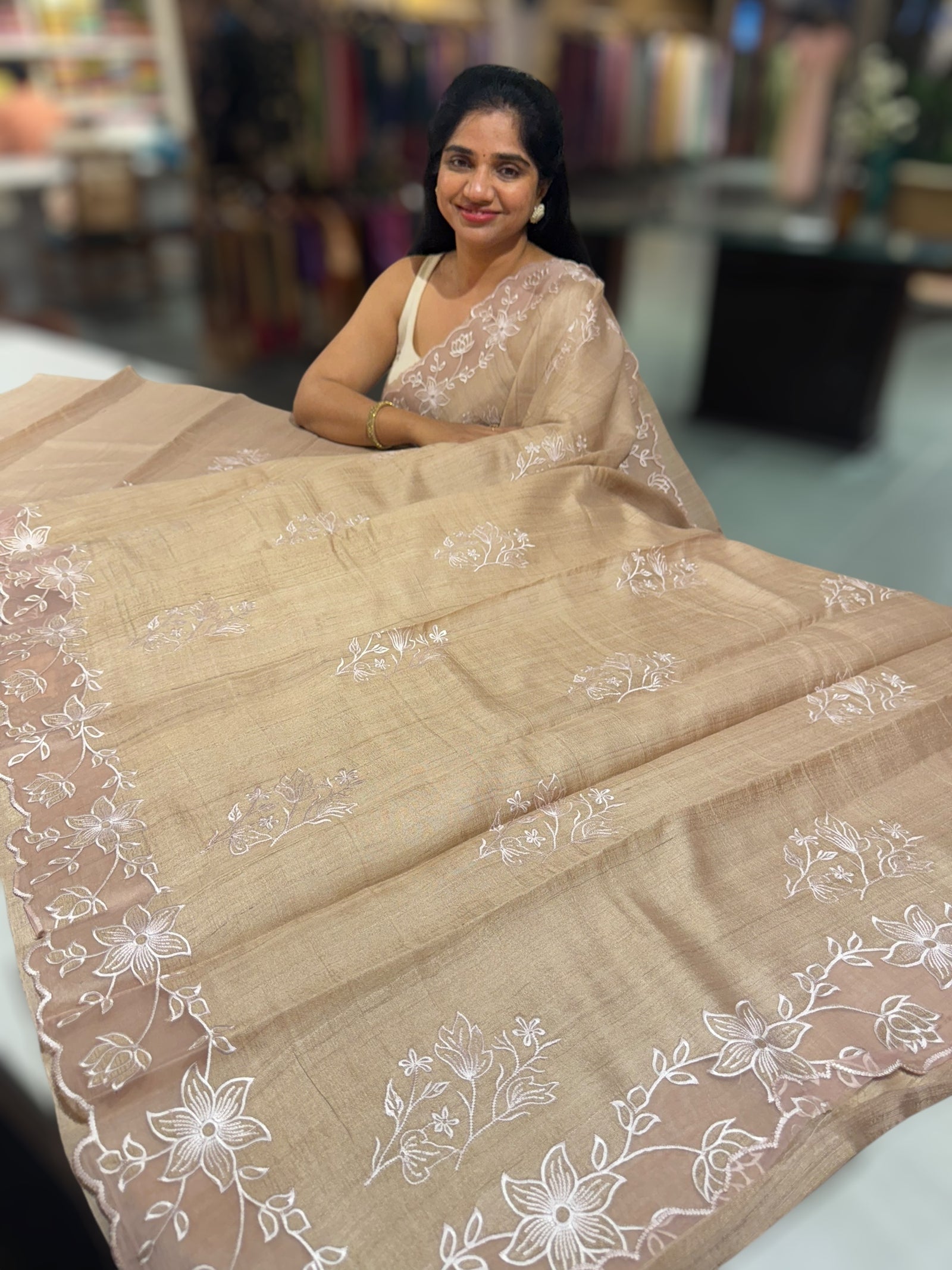Chickoo Tussar Saree with organza embroidered border