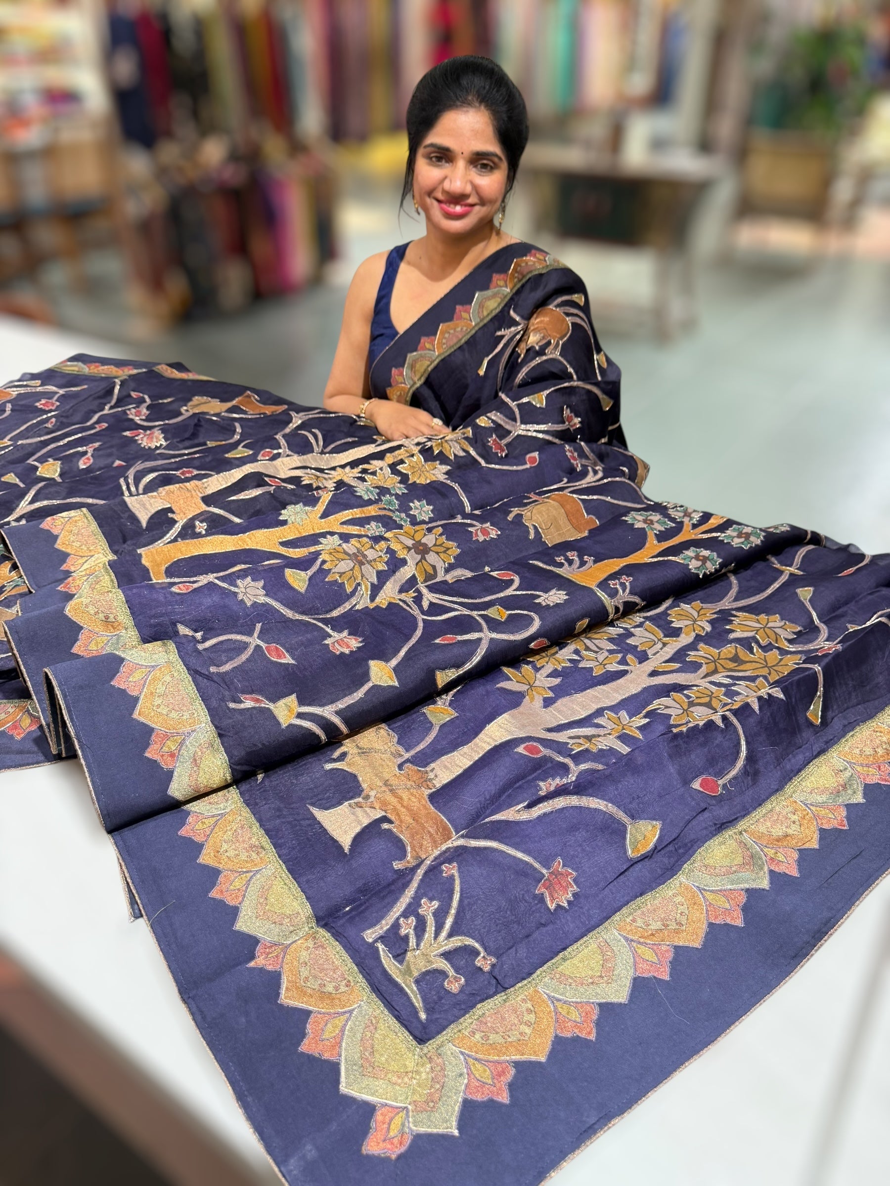 Violet Designer Organza Saree with Stunning Tissue Applique work Saree with Village theme