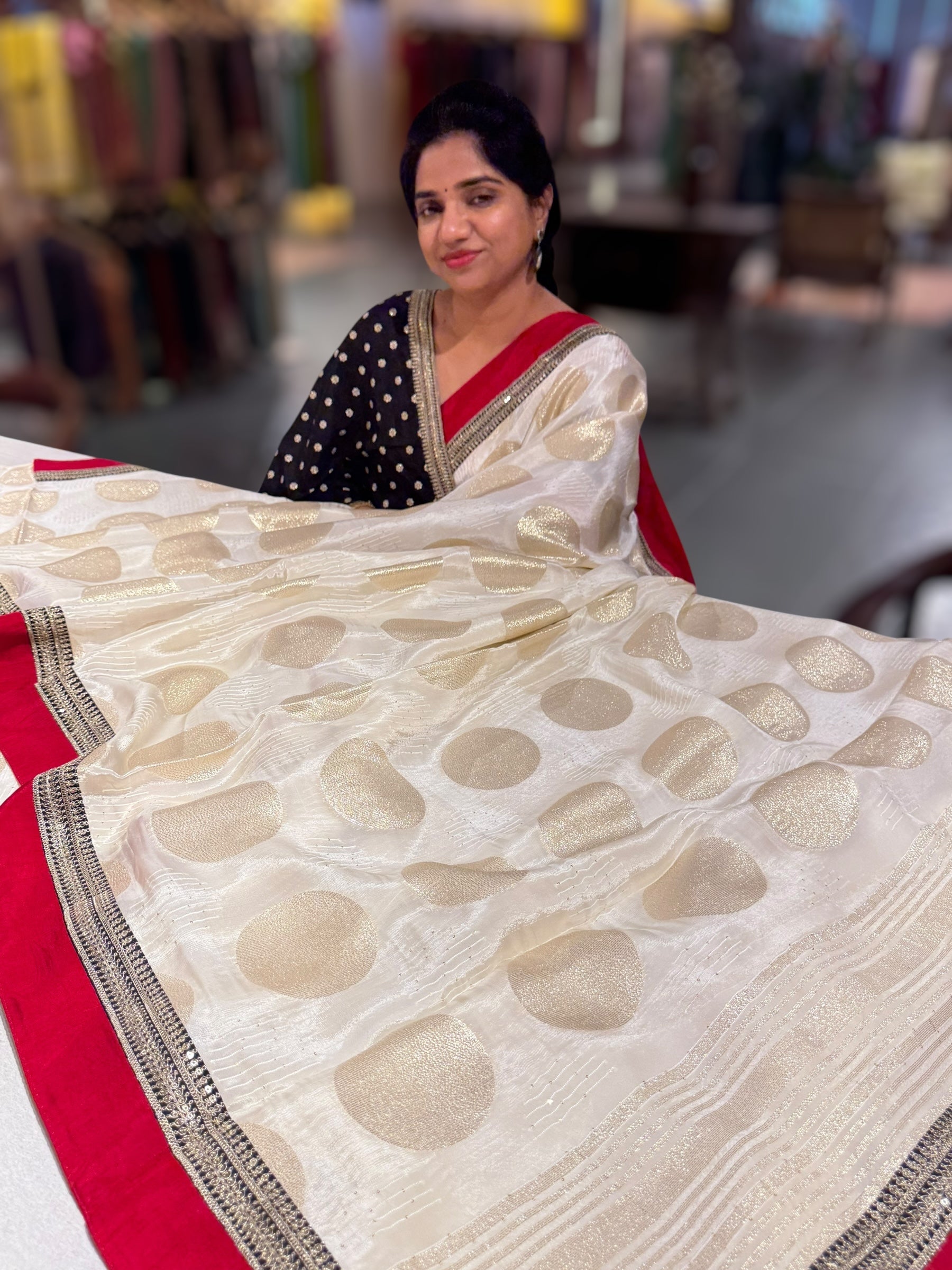 Half white Crepe Silk Polka dot Saree with sabhyasachi Borders & Blouse