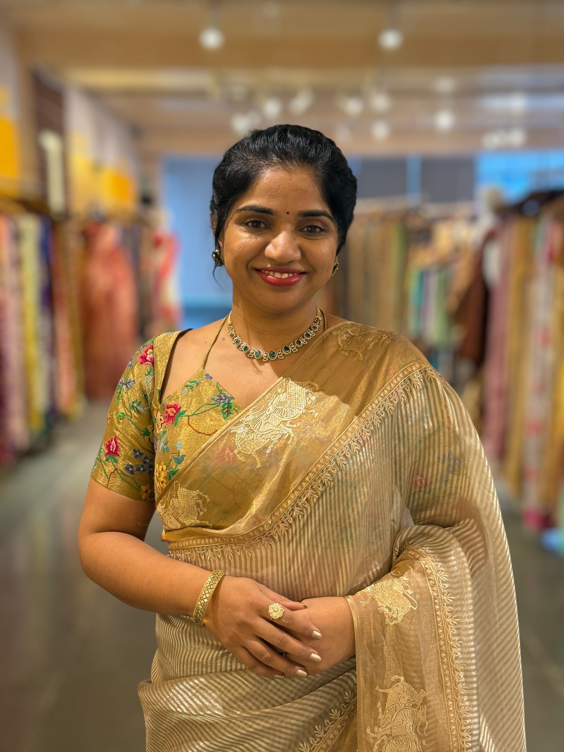 Earthy Grey Kora tissue stripes Saree with Nandi embroidered tissue border