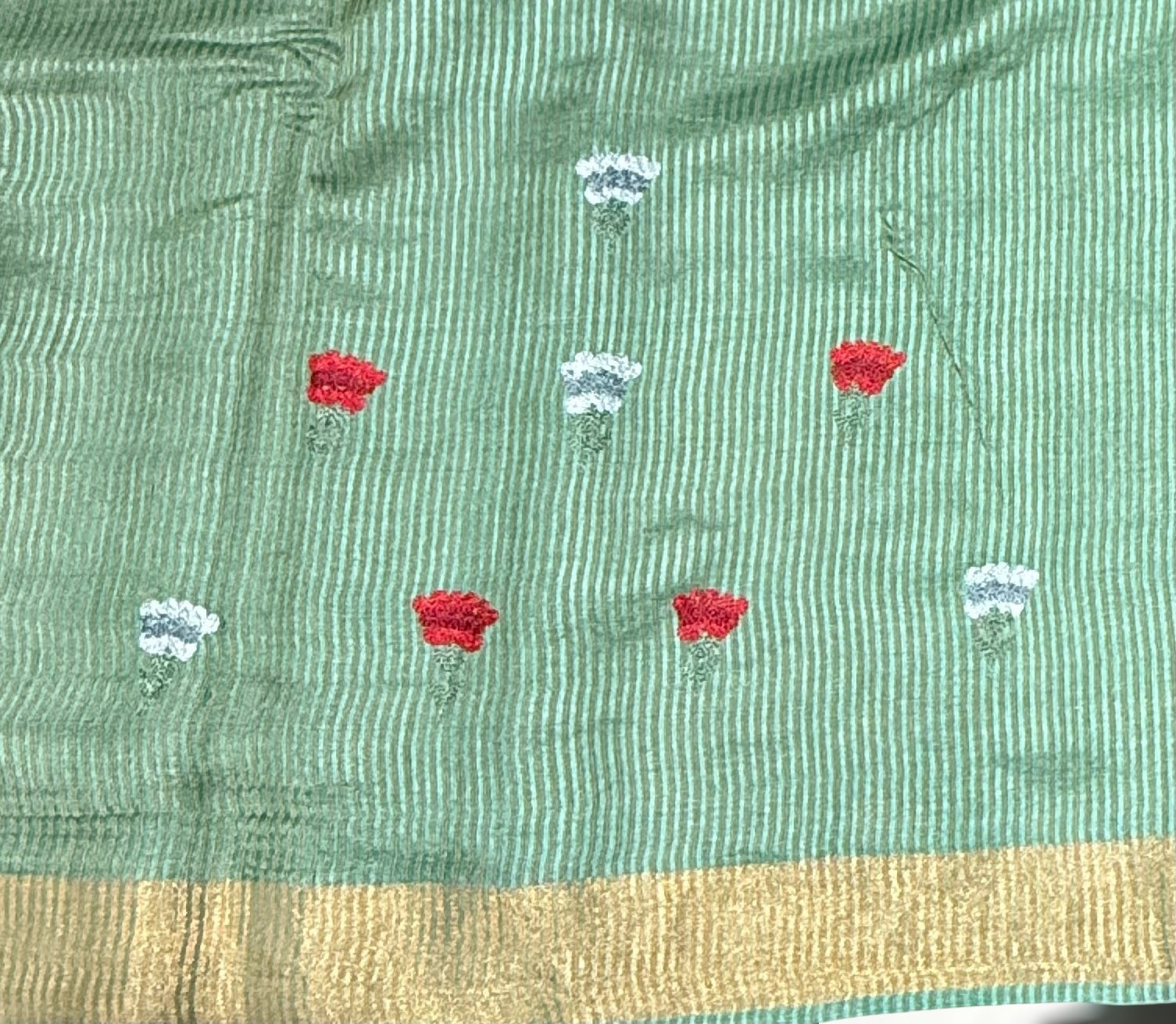 Emerald Green Tussar Brocade Saree With Statement Red Rose Embroidery.