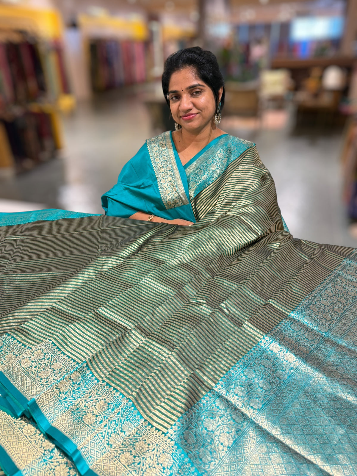 Emerald Green Banarasi Silk Stripes Saree