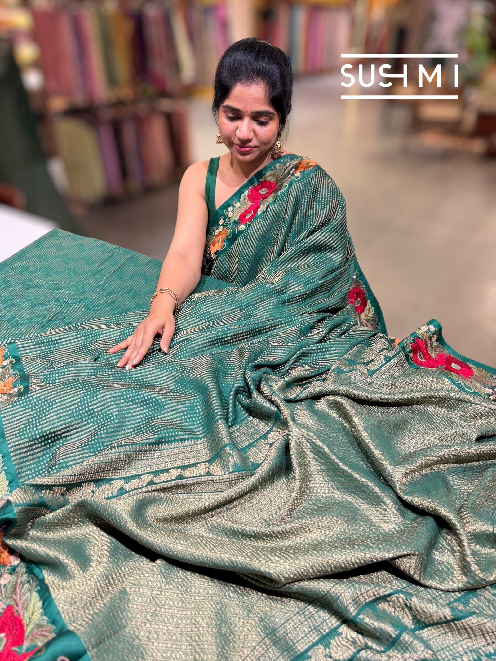 Bottle Green Mysore silk with embroidered border S62F063